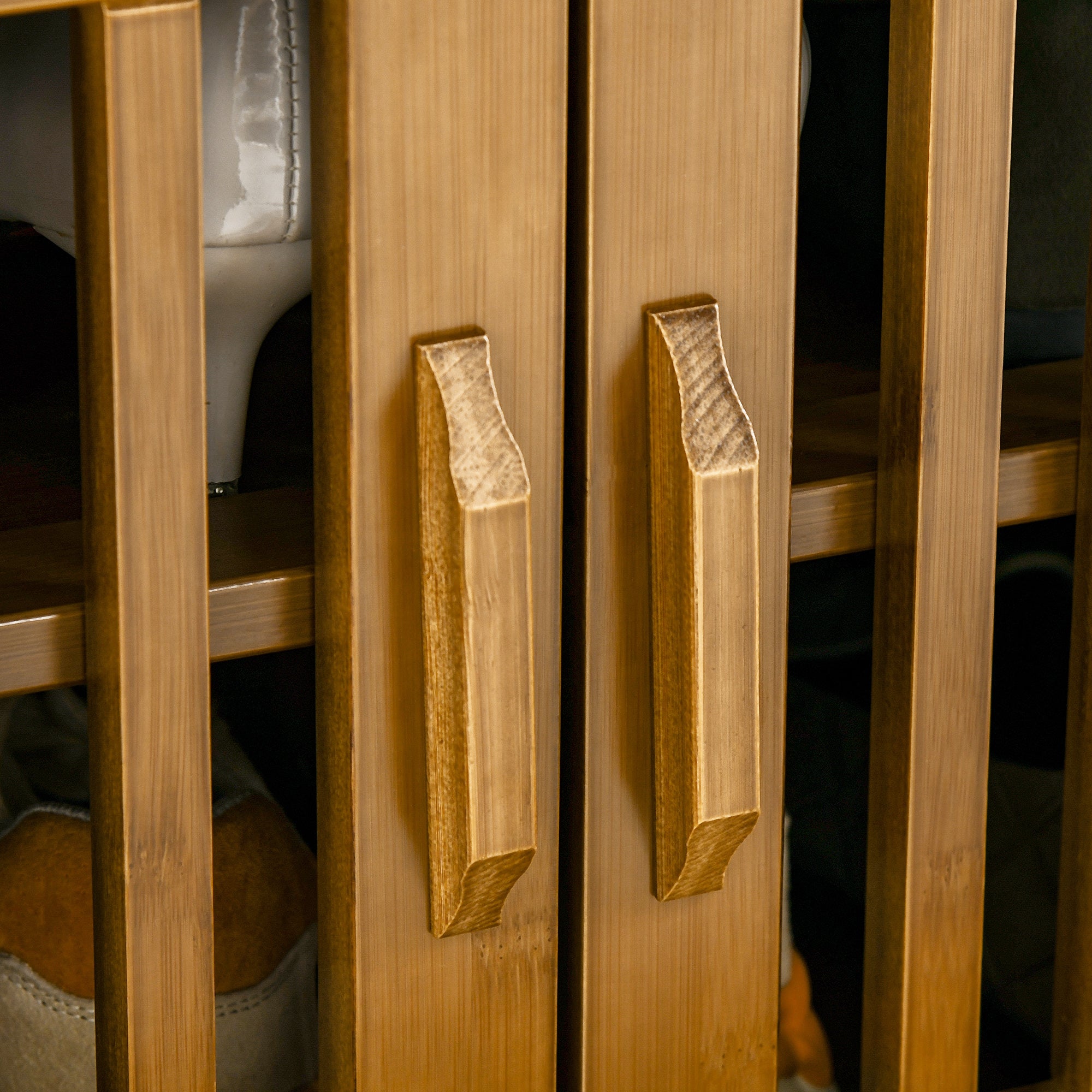 Shoe Bench with Storage Cabinets Bamboo Entryway Bench with Cushion 3 Doors and Hidden Compartment Brown