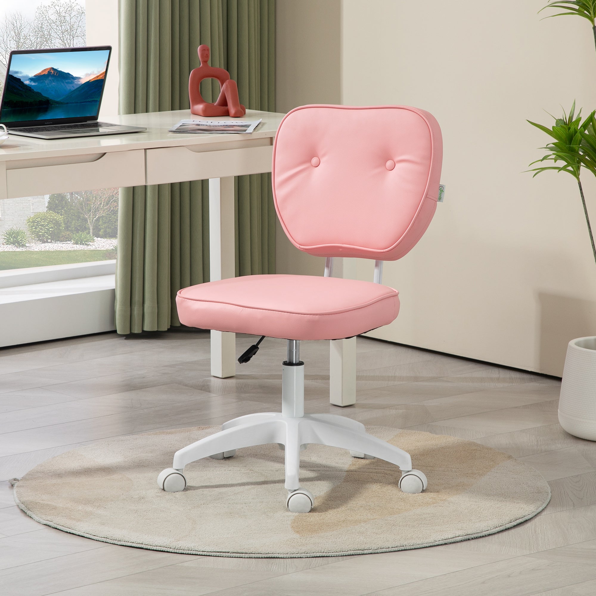 Vinsetto Cute Armless Office Chair, Small PU Leather Computer Desk Chair, Vanity Task Chair with Adjustable Height, Swivel Wheels, Mid Back, Pink