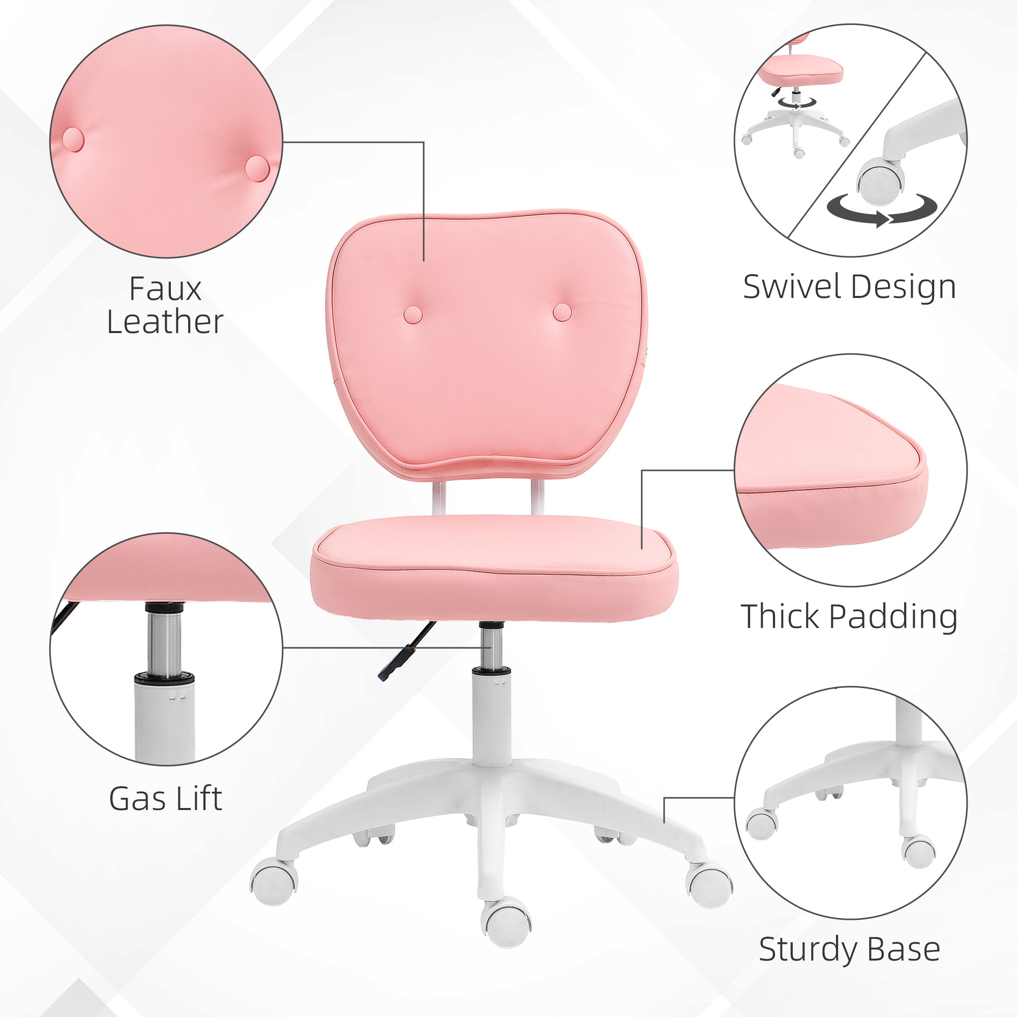 Vinsetto Cute Armless Office Chair, Small PU Leather Computer Desk Chair, Vanity Task Chair with Adjustable Height, Swivel Wheels, Mid Back, Pink