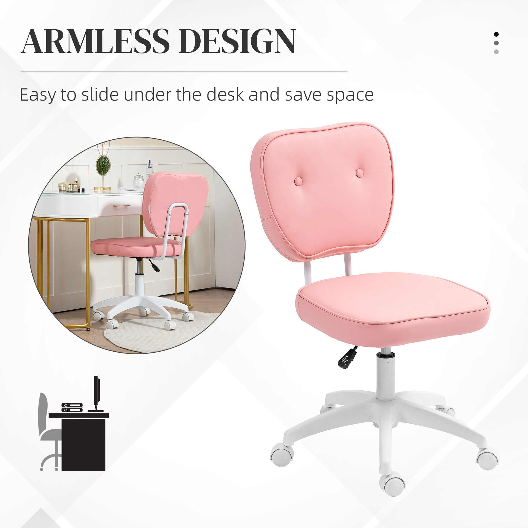 Vinsetto Cute Armless Office Chair, Small PU Leather Computer Desk Chair, Vanity Task Chair with Adjustable Height, Swivel Wheels, Mid Back, Pink