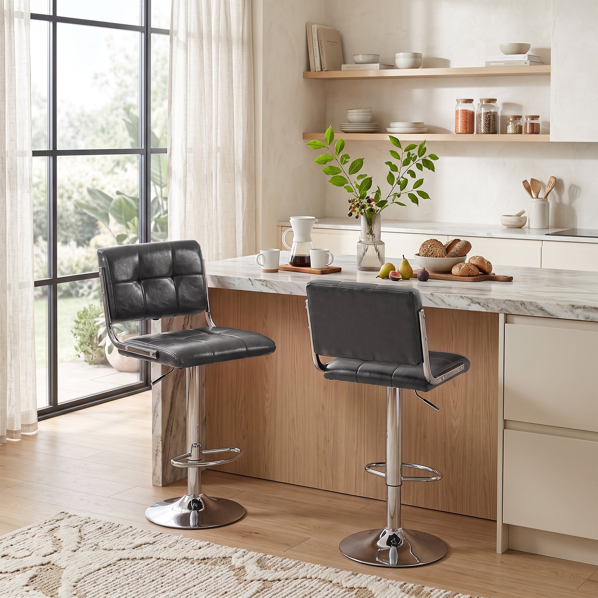 Breakfast Bar Stools Set of 2, Modern PU Leather Swivel BarStools, Adjustable Counter Height Bar Chairs with Backrest and Footrest for Kitchen Island, Dining Room, Bar, Grey