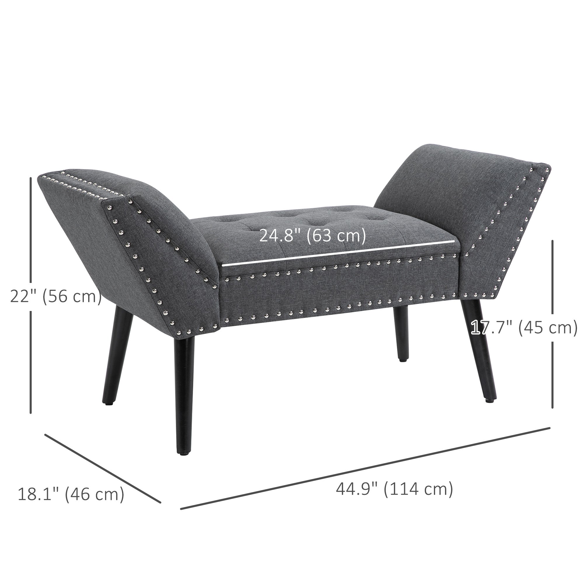 HOMCOM Button Tufted End of Bed Bench, Linen Fabric Upholstered Bedroom Bench, Entryway Bench with Arms and Nailhead Trim for Living Room, Hallway, Dark Grey