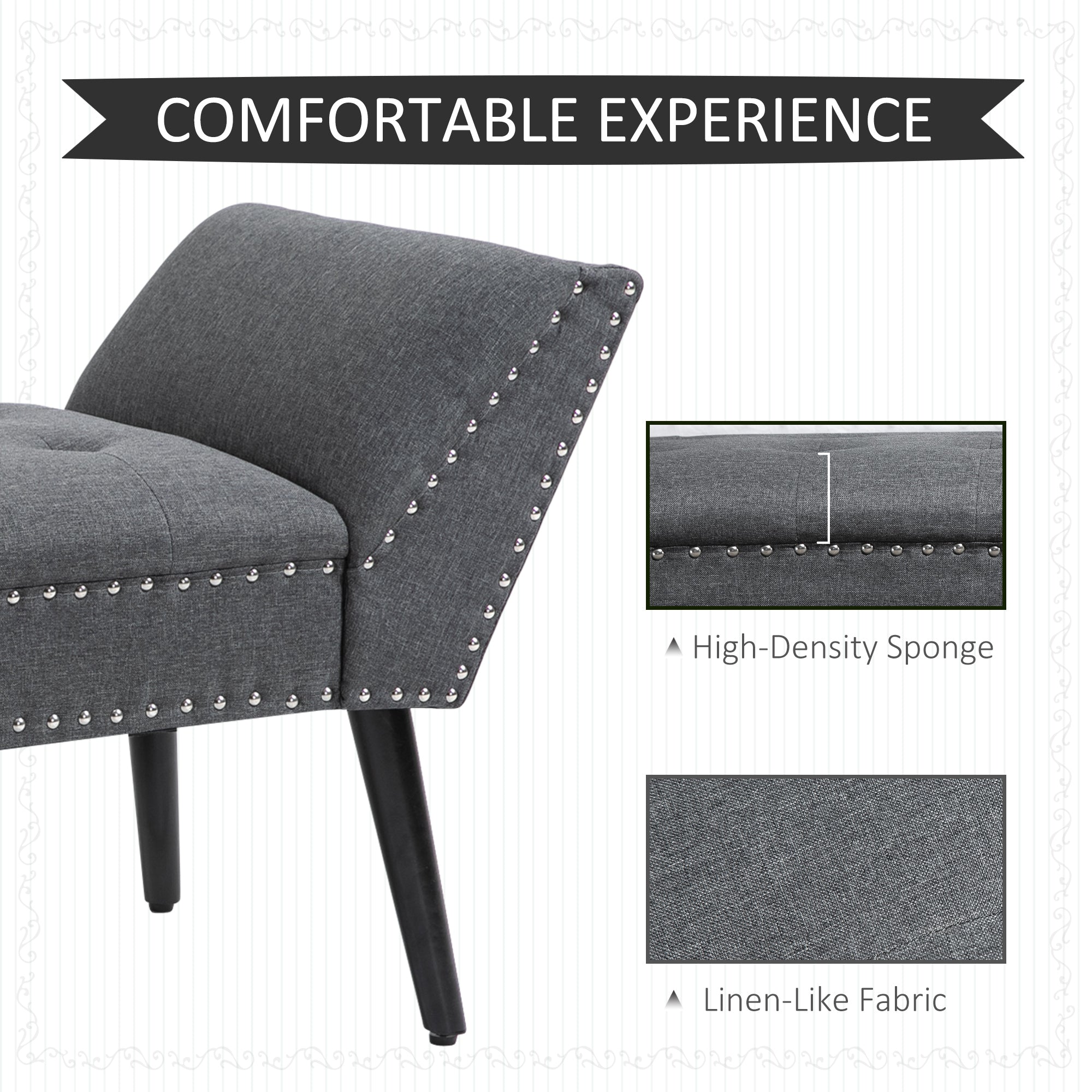 HOMCOM Button Tufted End of Bed Bench, Linen Fabric Upholstered Bedroom Bench, Entryway Bench with Arms and Nailhead Trim for Living Room, Hallway, Dark Grey