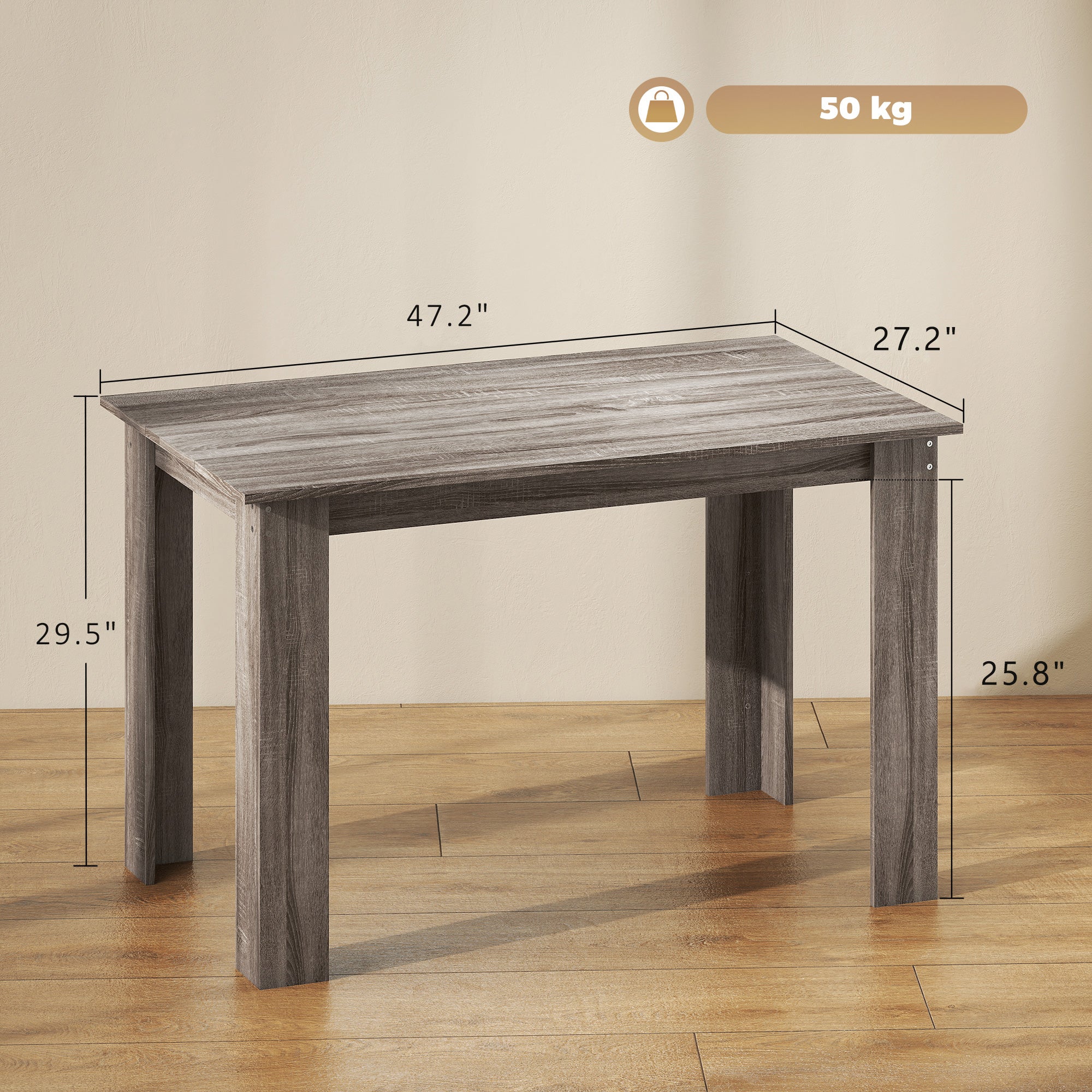 47" Dining Table for 4-6 People, Mid-Century Modern Rectangular Kitchen Table with Wood Effect for Dining Room, Living Room, Light Gray