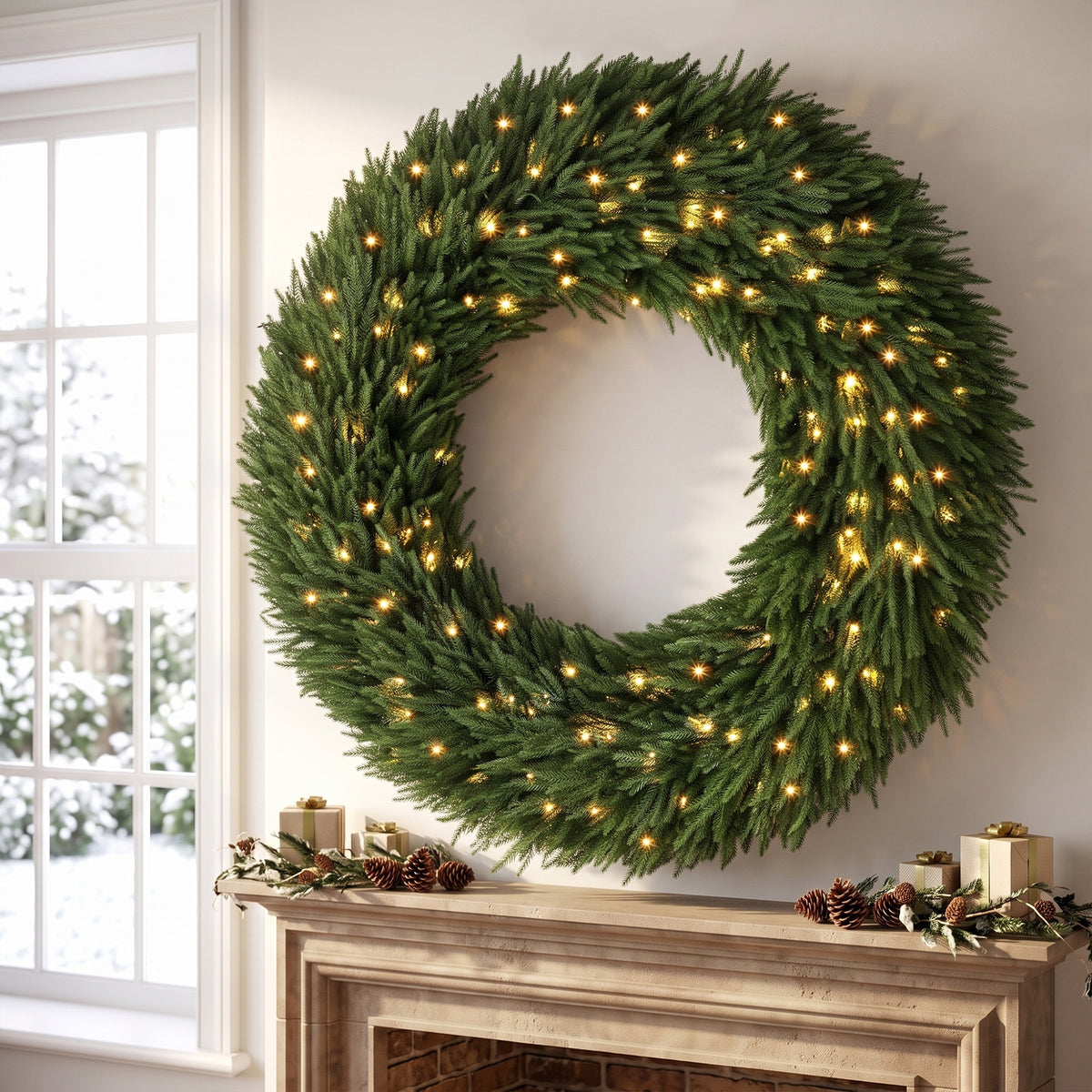 48 in Pre-Lit Norfolk Pine Artificial Christmas Wreath, Christmas Decoration with 150 LED Lights, 770 Branch Tips, All-PE Leaves for Door, Indoor Covered Outdoor, Green