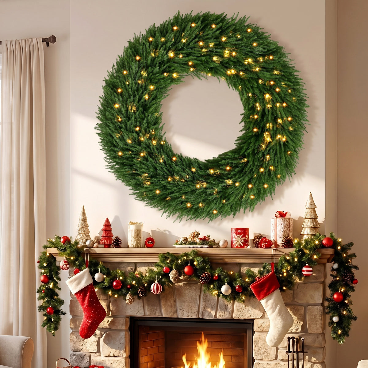 48 in Pre-Lit Norfolk Pine Artificial Christmas Wreath, Christmas Decoration with 150 LED Lights, 770 Branch Tips, All-PE Leaves for Door, Indoor Covered Outdoor, Green
