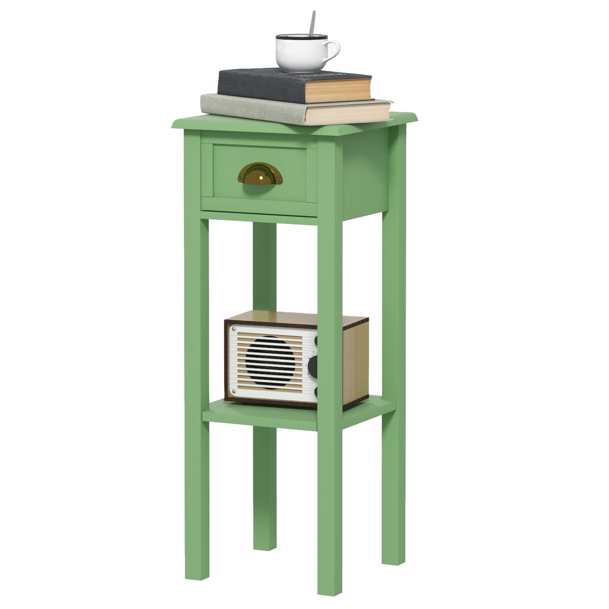 2 Tier Side Table with Drawer and Shelf End Table for Living Room and Hallway Green