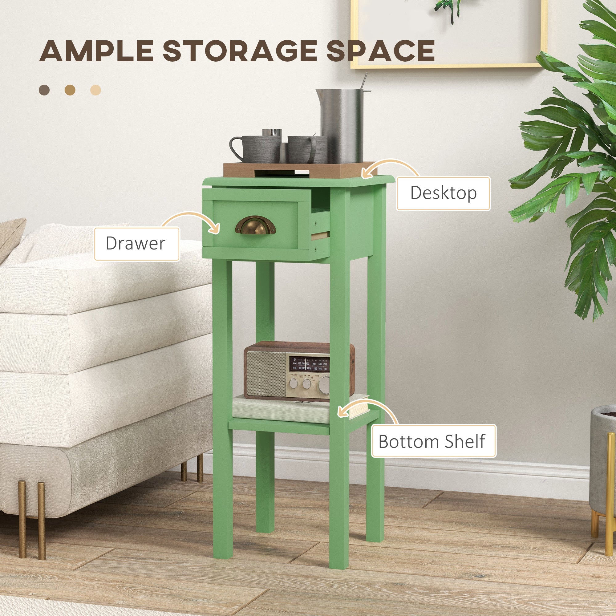 2 Tier Side Table with Drawer and Shelf End Table for Living Room and Hallway Green