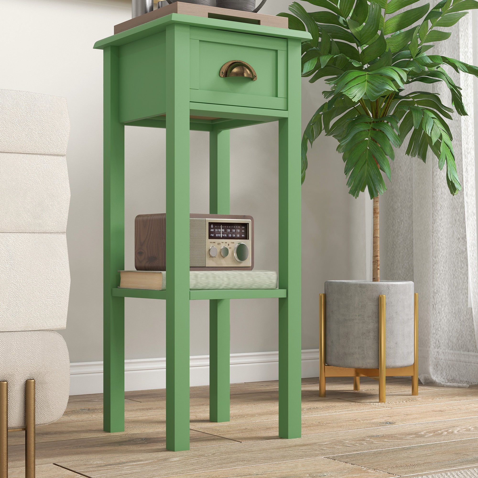 house plant side table HOMCOM Green 2-Tier Side Table with Drawer Shelf, End Table for Living Room Hallway