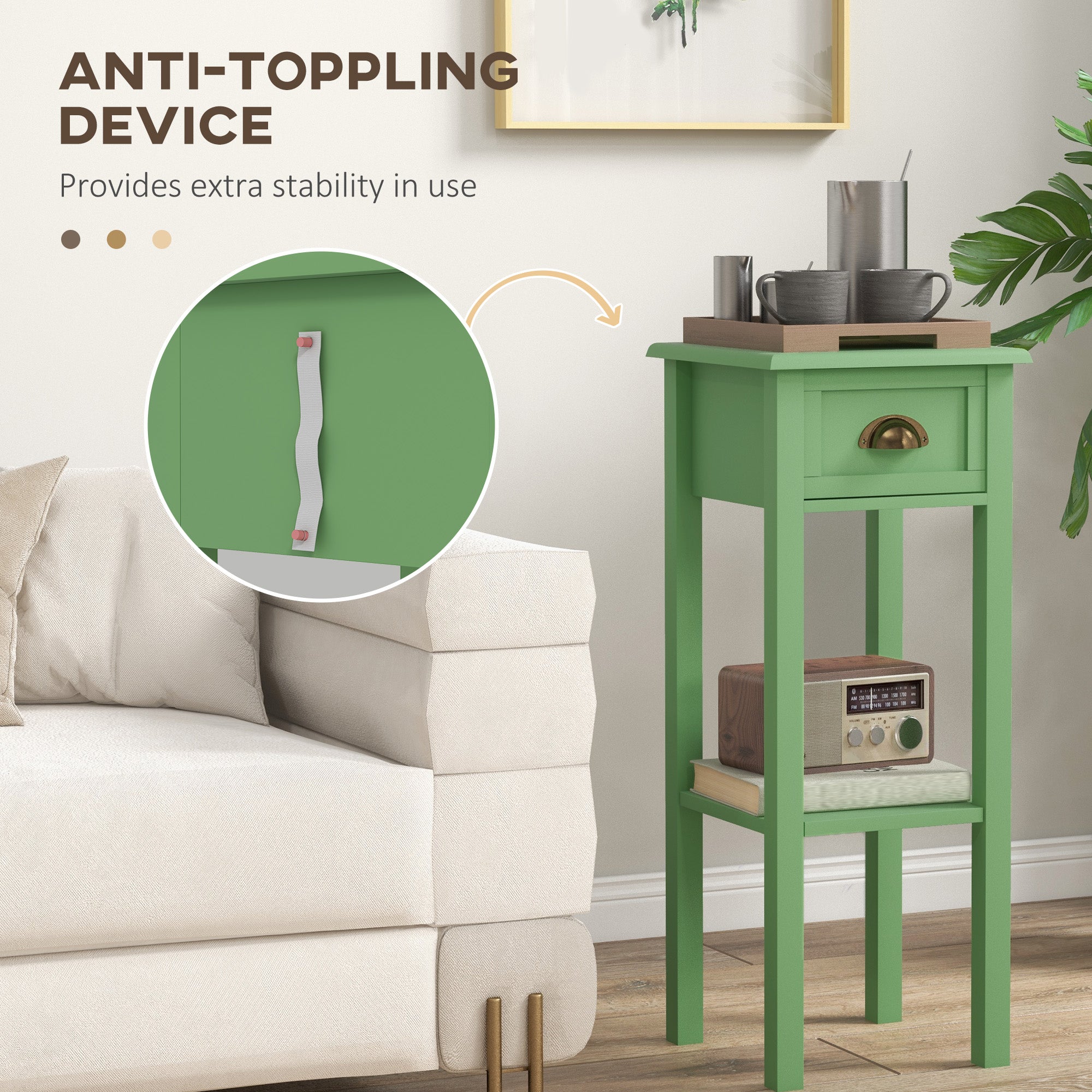 2 Tier Side Table with Drawer and Shelf End Table for Living Room and Hallway Green