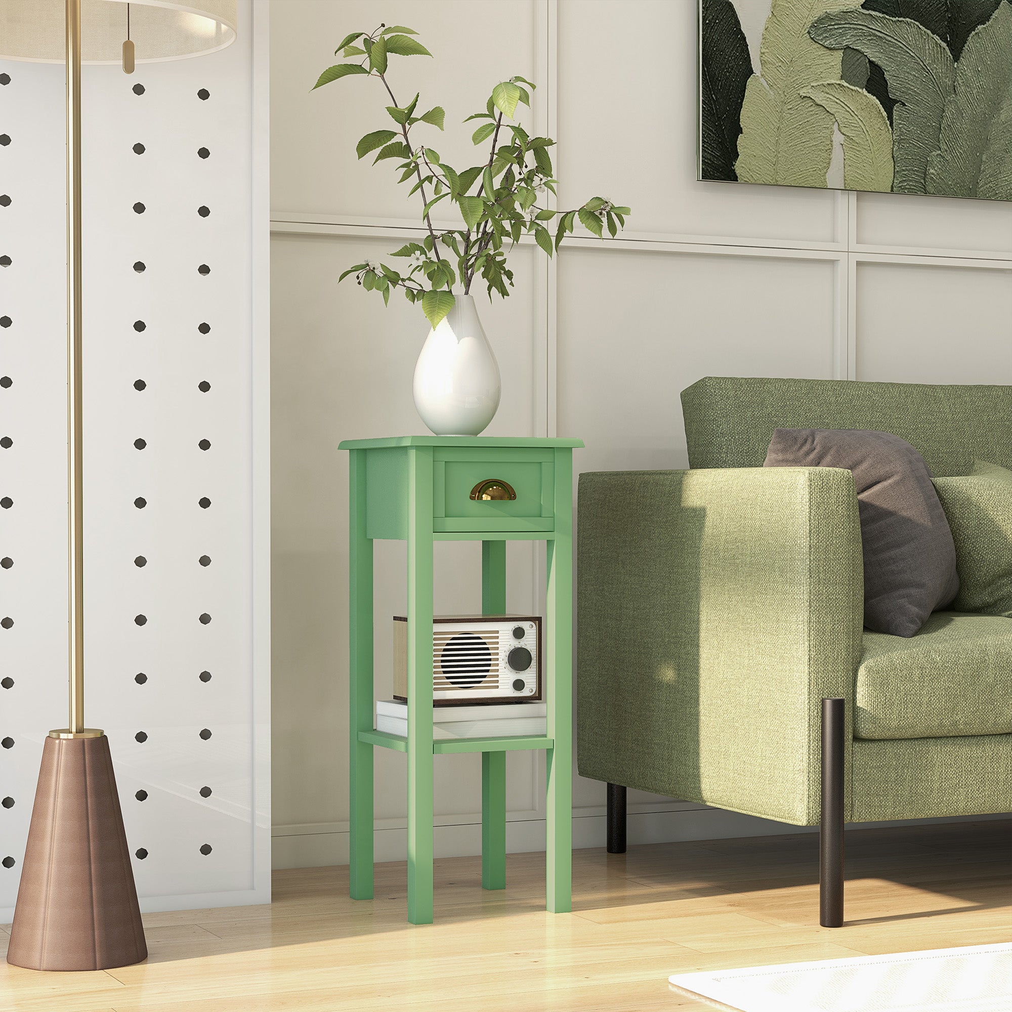 2 Tier Side Table with Drawer and Shelf End Table for Living Room and Hallway Green