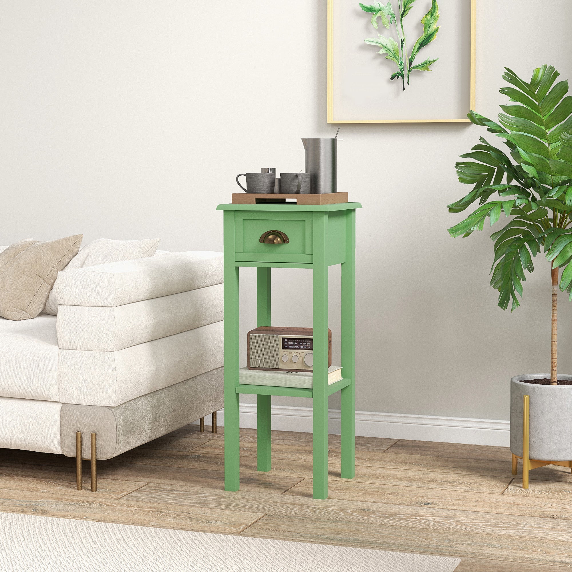 2 Tier Side Table with Drawer and Shelf End Table for Living Room and Hallway Green