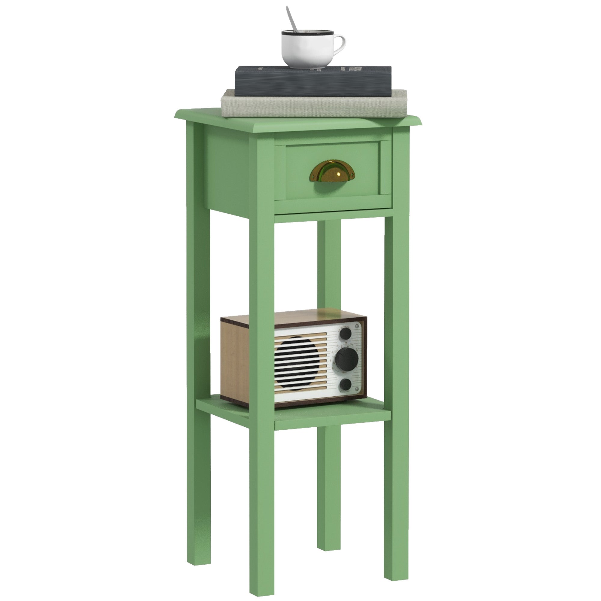 2 Tier Side Table with Drawer and Shelf End Table for Living Room and Hallway Green