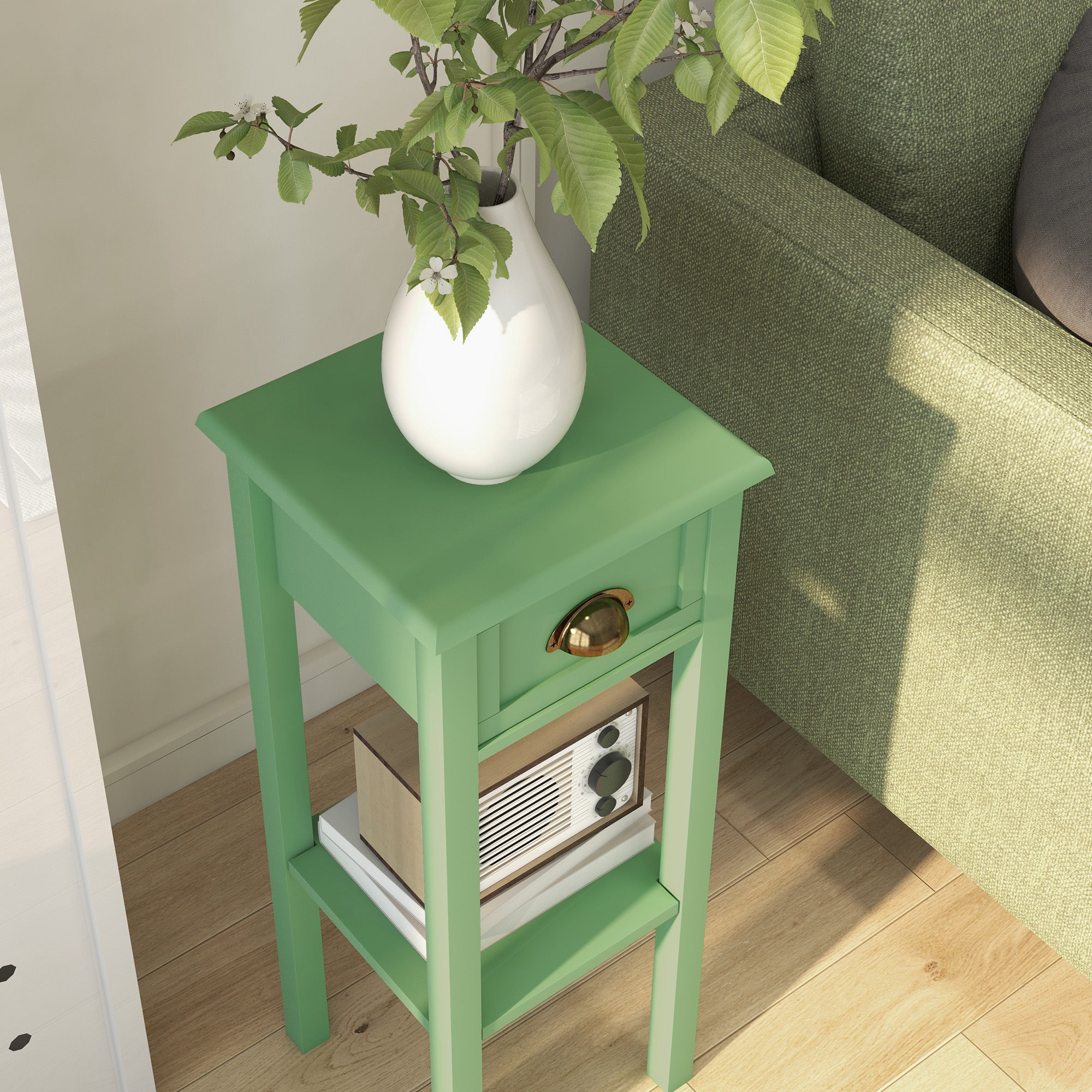 2 Tier Side Table with Drawer and Shelf End Table for Living Room and Hallway Green