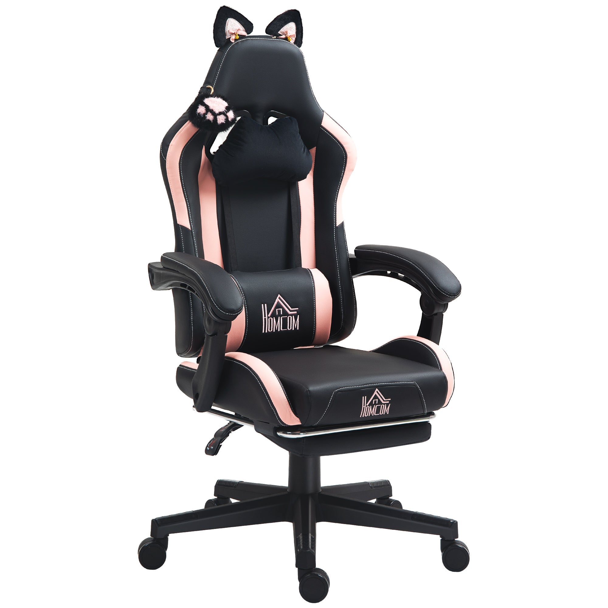 Racing Gaming Chair with Cat Ears, Reclining Faux Leather Computer Chair with Footrest, Lumbar Support and Headrest, Height Adjustable Swivel Seat, Black