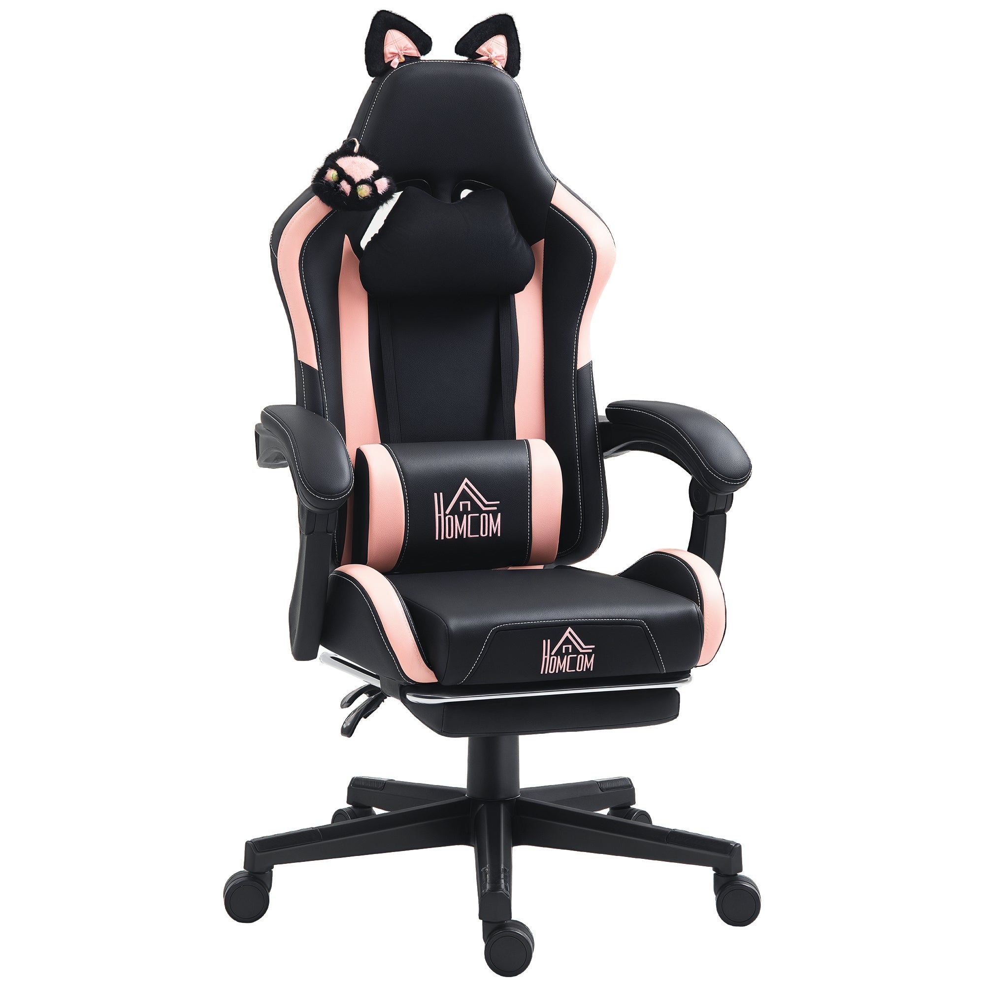 Racing Gaming Chair with Cat Ears, Reclining Faux Leather Computer Chair with Footrest, Lumbar Support and Headrest, Height Adjustable Swivel Seat, Black
