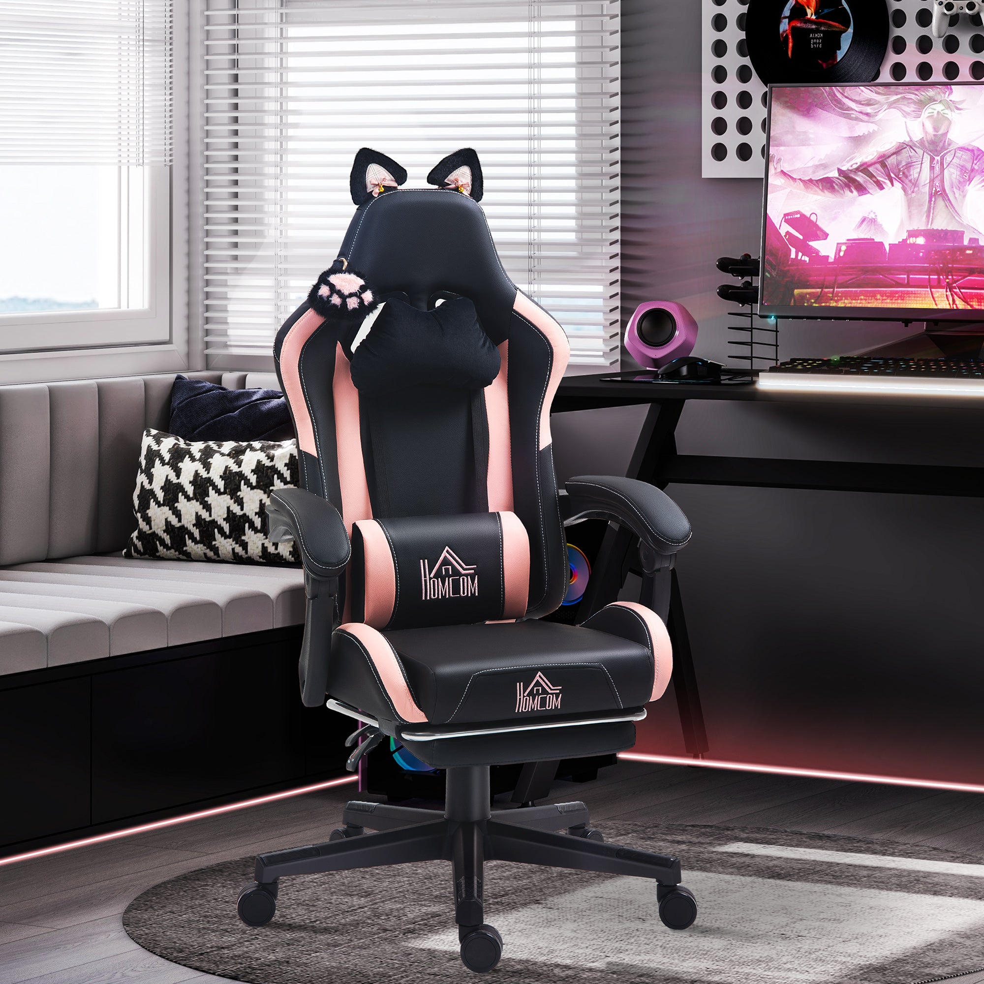 Racing Gaming Chair with Cat Ears, Reclining Faux Leather Computer Chair with Footrest, Lumbar Support and Headrest, Height Adjustable Swivel Seat, Black