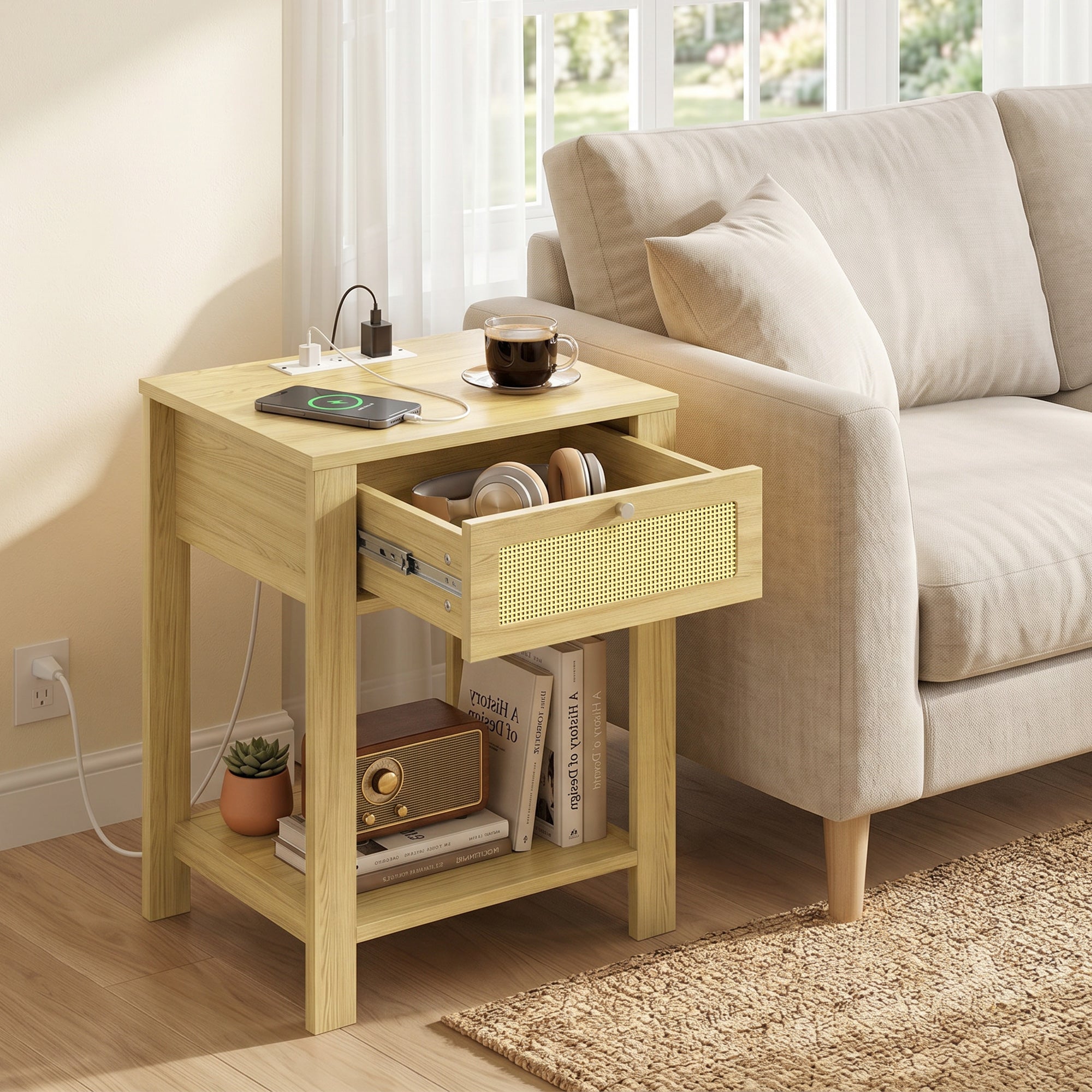 End Table Set of 2 with Charging Station, Bed Side Tables Set with Drawer, Open Storage Shelf, Rattan-Like Drawer Front, Modern Farmhouse for Living Room, Natural Wood