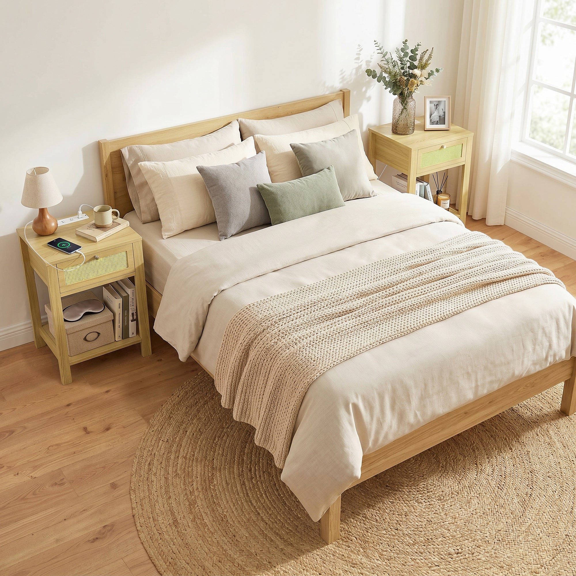 End Table Set of 2 with Charging Station, Bed Side Tables Set with Drawer, Open Storage Shelf, Rattan-Like Drawer Front, Modern Farmhouse for Living Room, Natural Wood