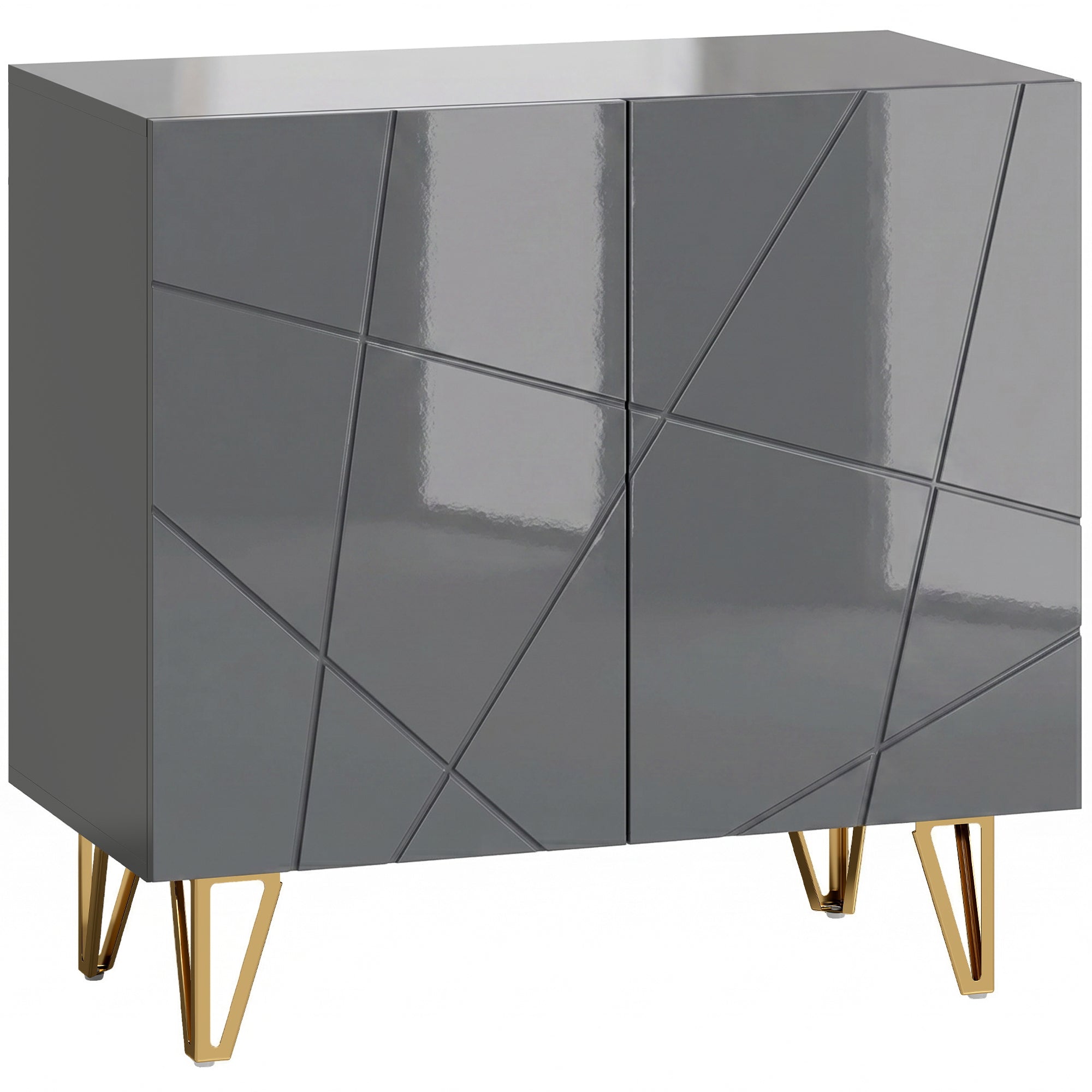Storage Cabinet with High Gloss, Freestanding Sideboard with Adjustable Shelf, Soft-Close Doors and Gold Tone Hairpin Legs for Living Room, Dining Room, Hallway, Grey