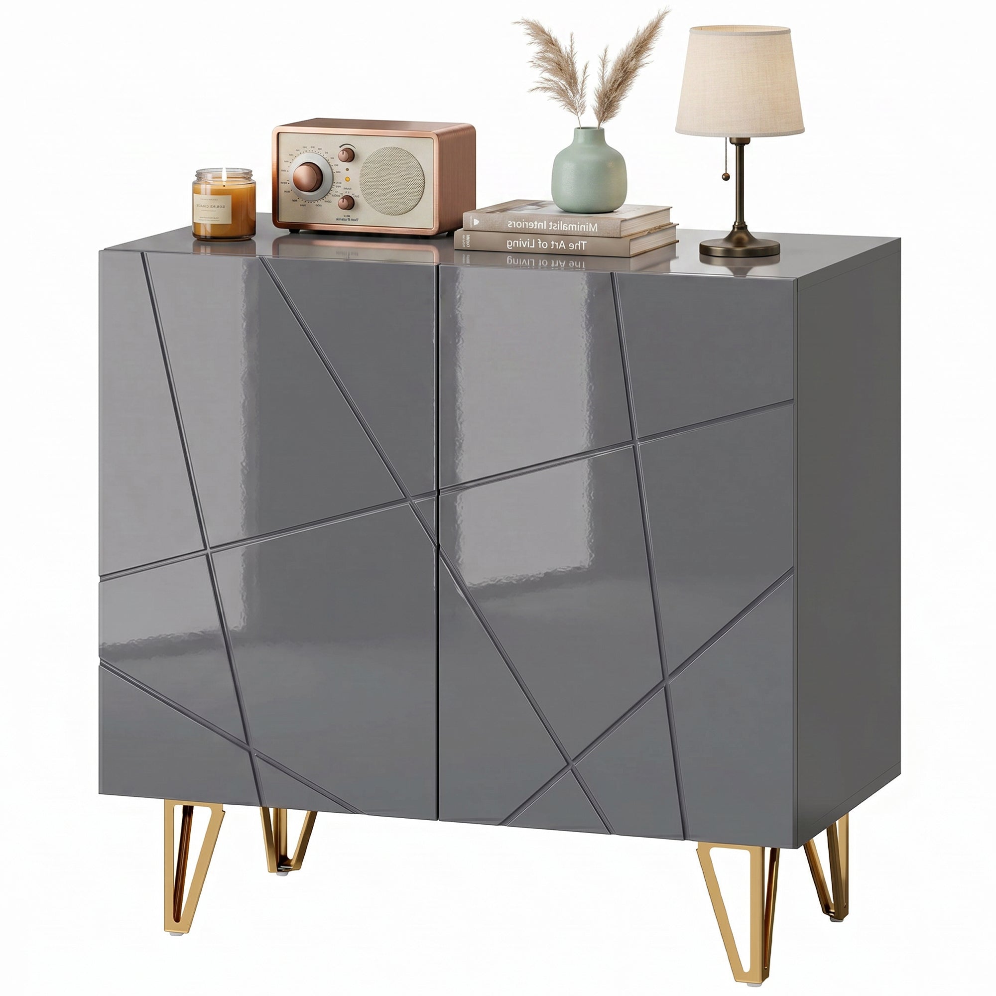 Storage Cabinet with High Gloss, Freestanding Sideboard with Adjustable Shelf, Soft-Close Doors and Gold Tone Hairpin Legs for Living Room, Dining Room, Hallway, Grey