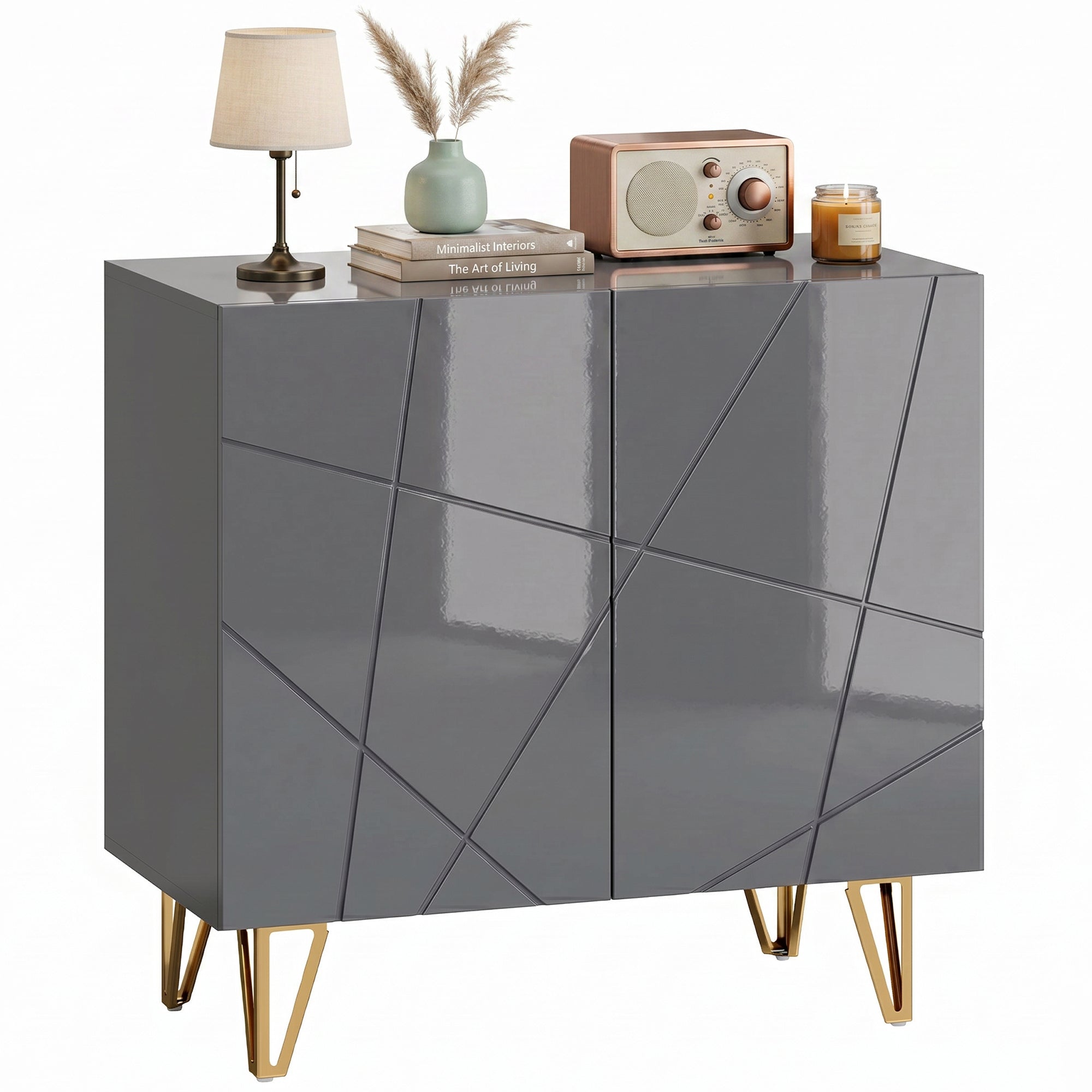 Storage Cabinet with High Gloss, Freestanding Sideboard with Adjustable Shelf, Soft-Close Doors and Gold Tone Hairpin Legs for Living Room, Dining Room, Hallway, Grey
