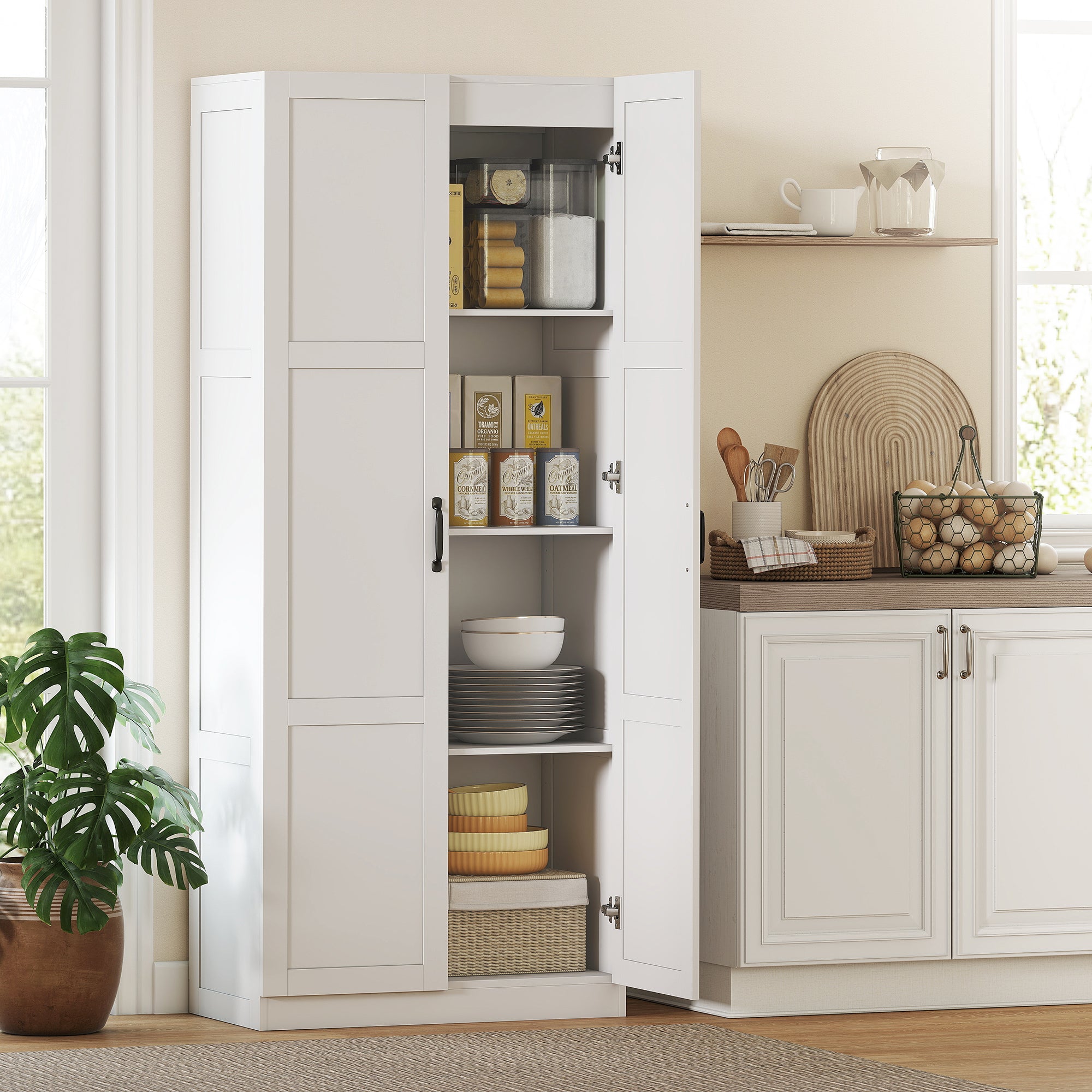 71" Tall Kitchen Pantry Cabinet with Soft-Close Hinges, Modern Farmhouse Freestanding Pantry Storage Cabinet with 2 Framed Doors, 4 Adjustable Shelves, White