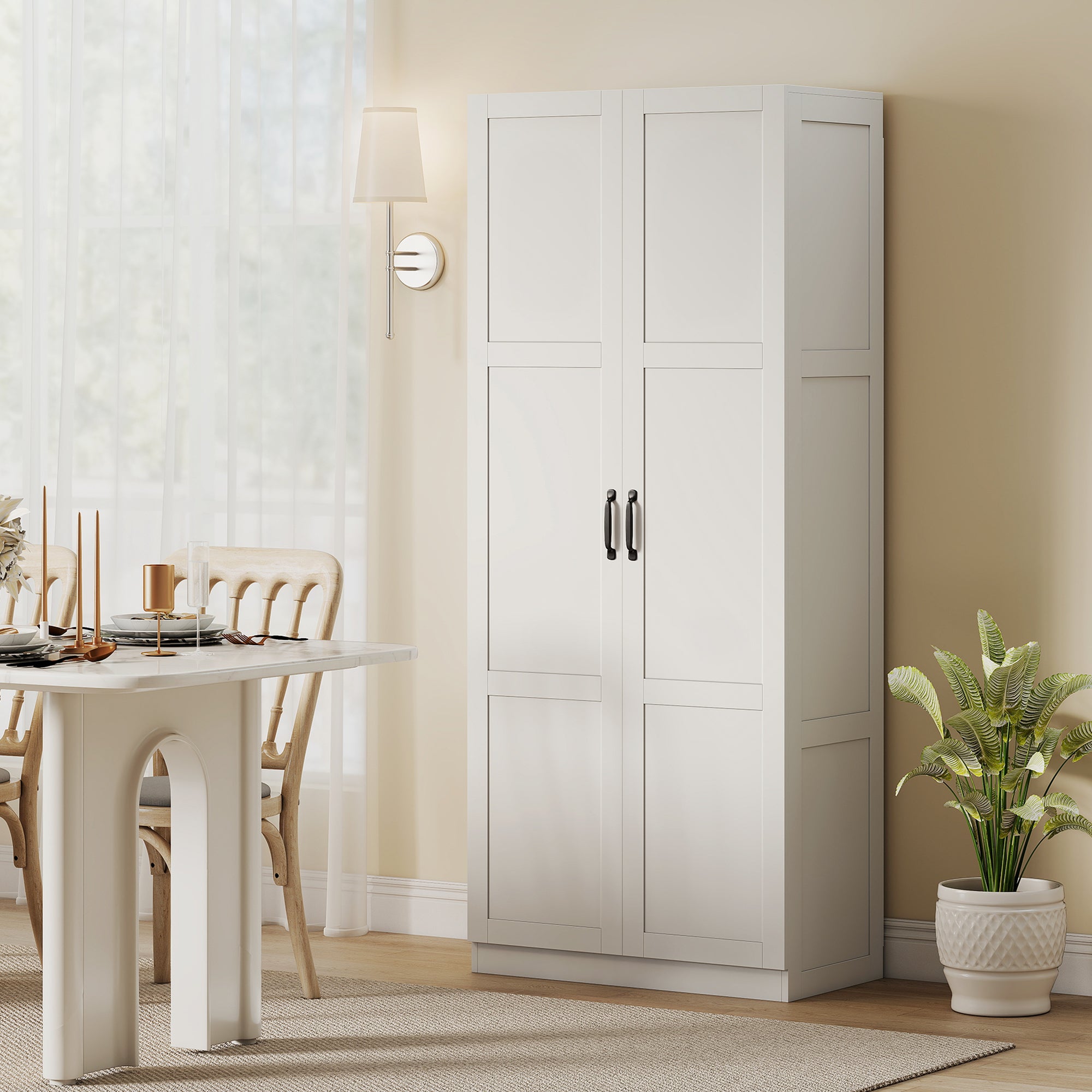 71" Tall Kitchen Pantry Cabinet with Soft-Close Hinges, Modern Farmhouse Freestanding Pantry Storage Cabinet with 2 Framed Doors, 4 Adjustable Shelves, White