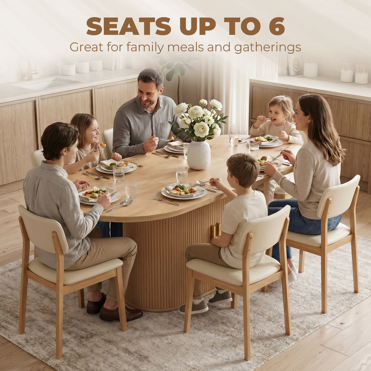 Oval Dining Table for 6 People, Modern Farmhouse Kitchen Table with Thick Tabletop, Under Cabinets and Tambour Sliding Doors for Kitchen, Dining Room, Living Room, Oak