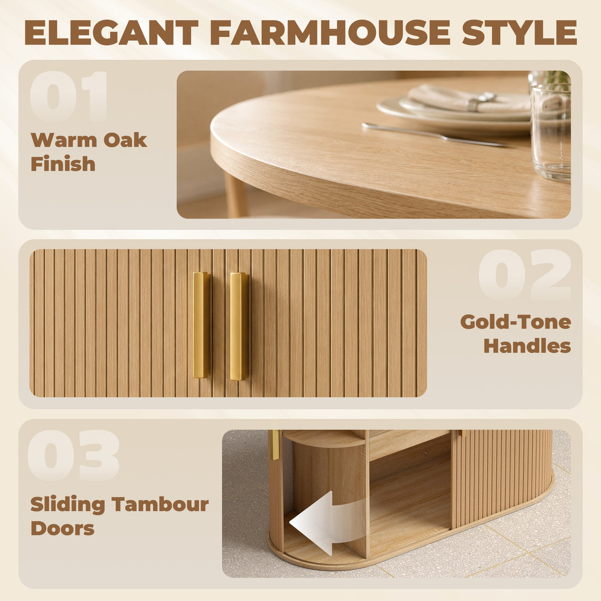 Oval Dining Table for 6 People, Modern Farmhouse Kitchen Table with Thick Tabletop, Under Cabinets and Tambour Sliding Doors for Kitchen, Dining Room, Living Room, Oak