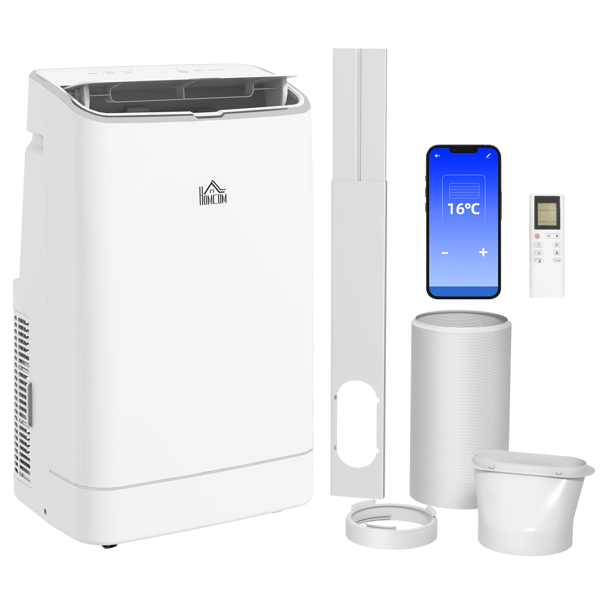 HOMCOM 14000 BTU Portable Air Conditioner, Smart Home WiFi Compatible, 4 in 1 Dehumidifier Cooler Fan, with Sleep Mode, Remote, 24H Timer, Window Venting Kit, A Energy Efficiency, 35m², White