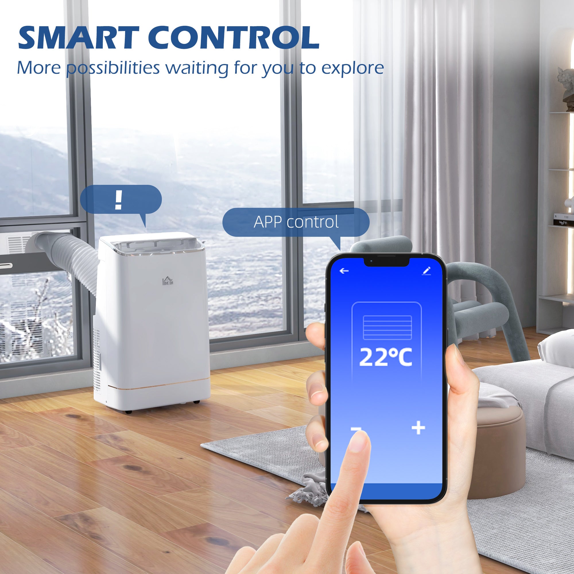 HOMCOM 14000 BTU Portable Air Conditioner, Smart Home WiFi Compatible, 4 in 1 Dehumidifier Cooler Fan, with Sleep Mode, Remote, 24H Timer, Window Venting Kit, A Energy Efficiency, 35m², White