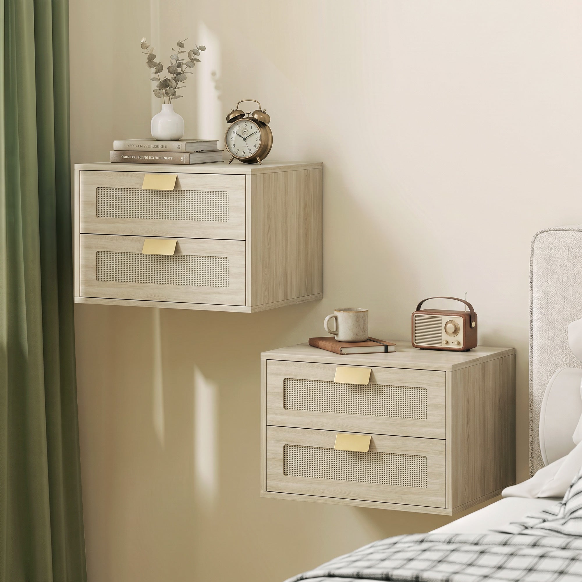 Modern Floating Nightstands Set of 2, Wall Mounted Bedside Tables with 2 Drawers, Bedside Cabinet for Bedroom Living Room, Oak