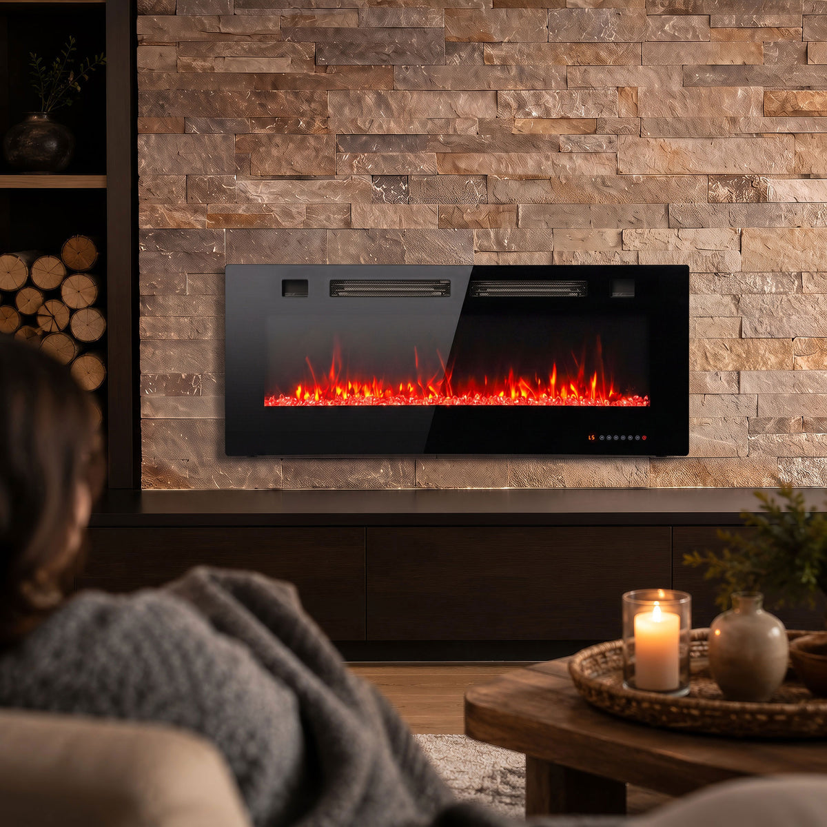 42" Electric Fireplace Insert, Ultra-Thin Recessed, Wall Mounted and Freestanding Fireplace w/ Flame Effect, Adjustable Brightness, Crystal Stone, Remote, 750W/1500W, Black