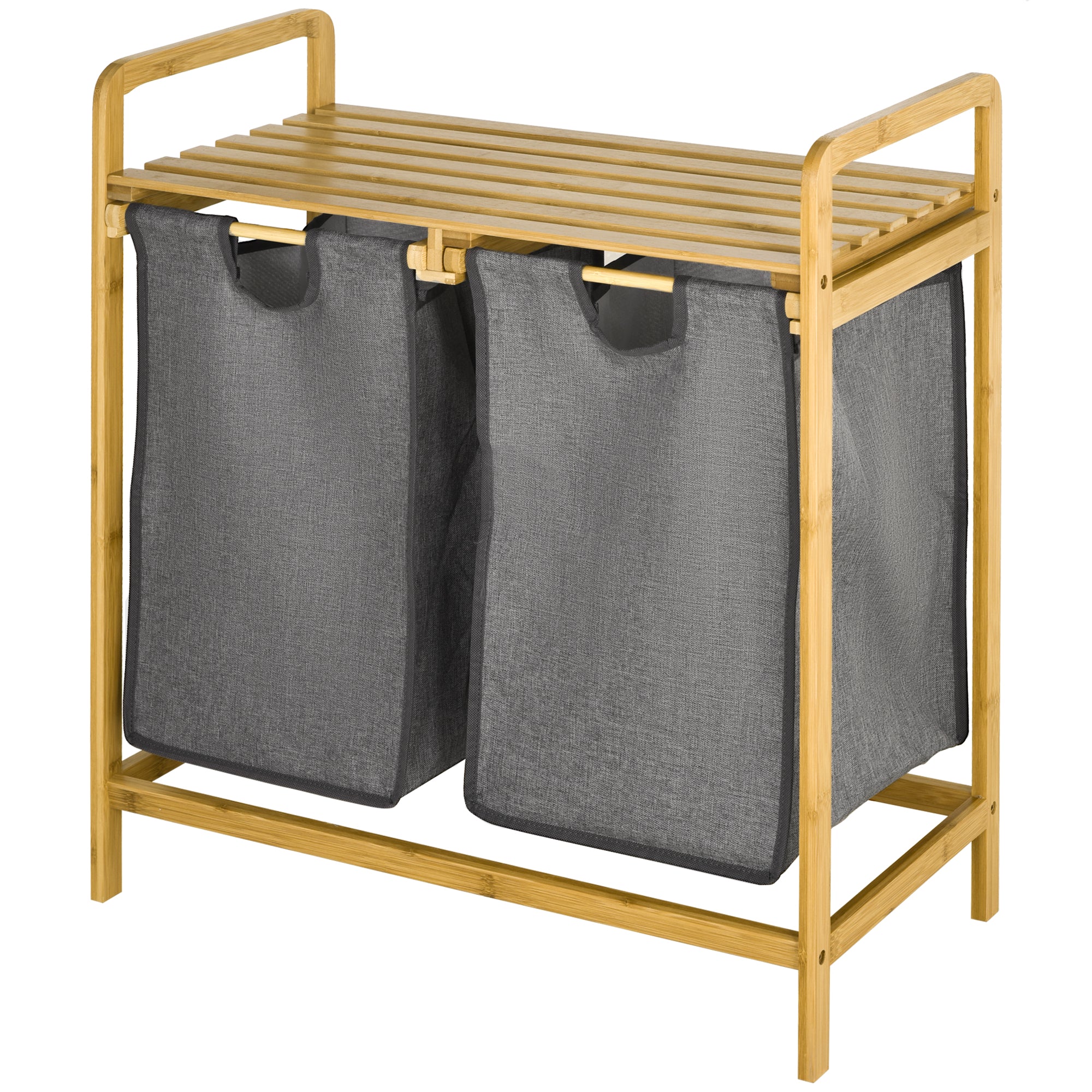 HOMCOM Bamboo Laundry Basket, Laundry Hamper with Shelf, 2 Pull-out Bags for Bedroom, Bathroom, Laundry Room, 64 x 33 x 73 cm, Grey