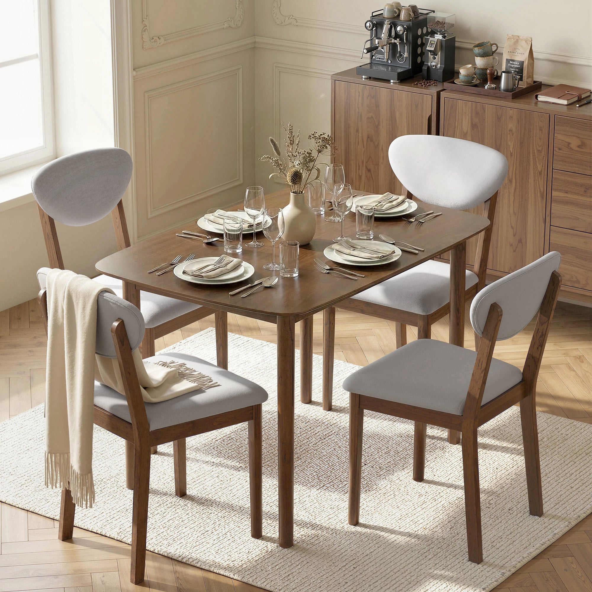 5-Piece Dining Table Set for 4, Mid-Century Modern Kitchen Table and Chairs with Padded Seats and Backrests, Solid Wood Frame for Small Space, Dining Room, Living Room, Light Gray
