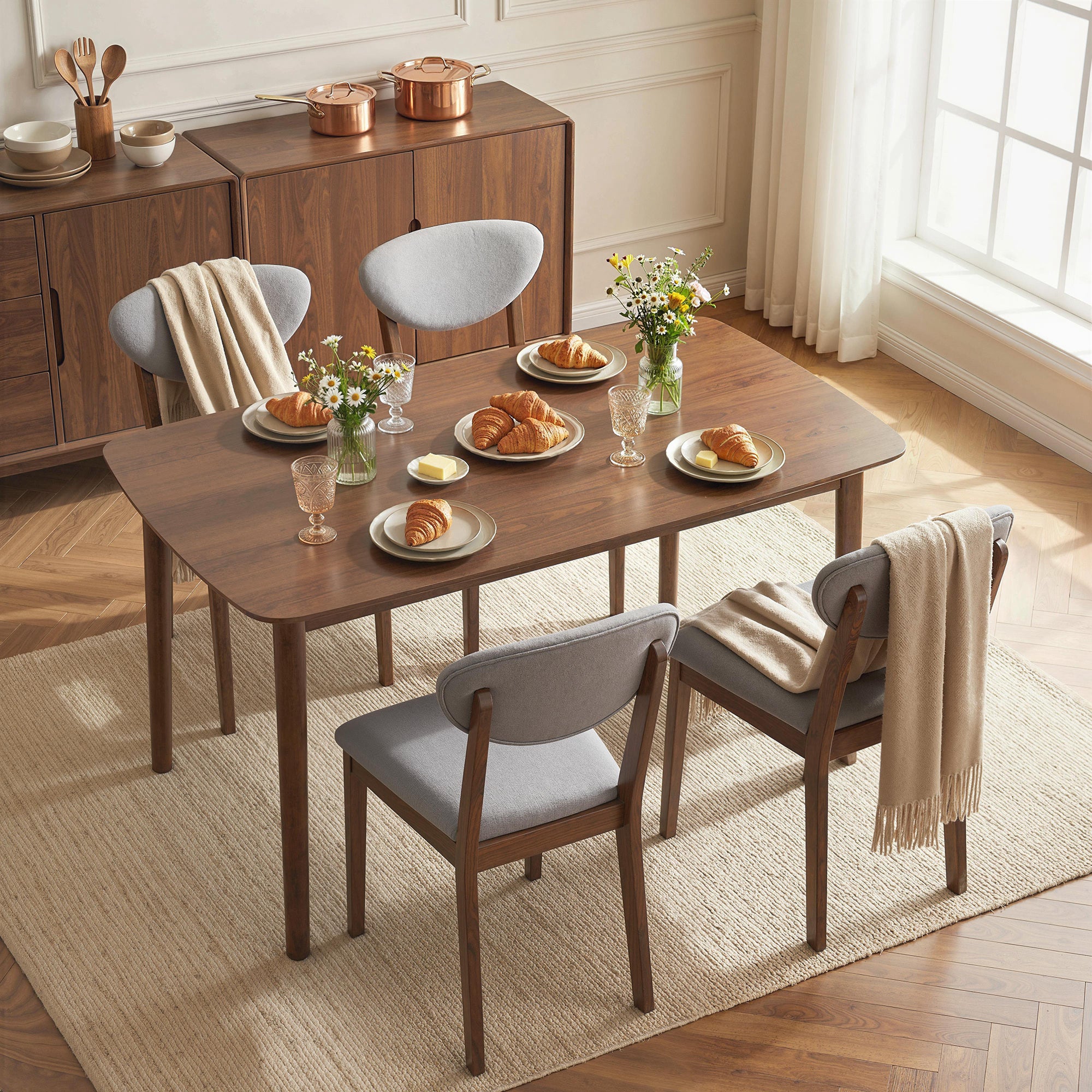 5-Piece Dining Table Set for 4, Mid-Century Modern Kitchen Table and Chairs with Padded Seats and Backrests, Solid Wood Frame for Small Space, Dining Room, Living Room, Light Gray