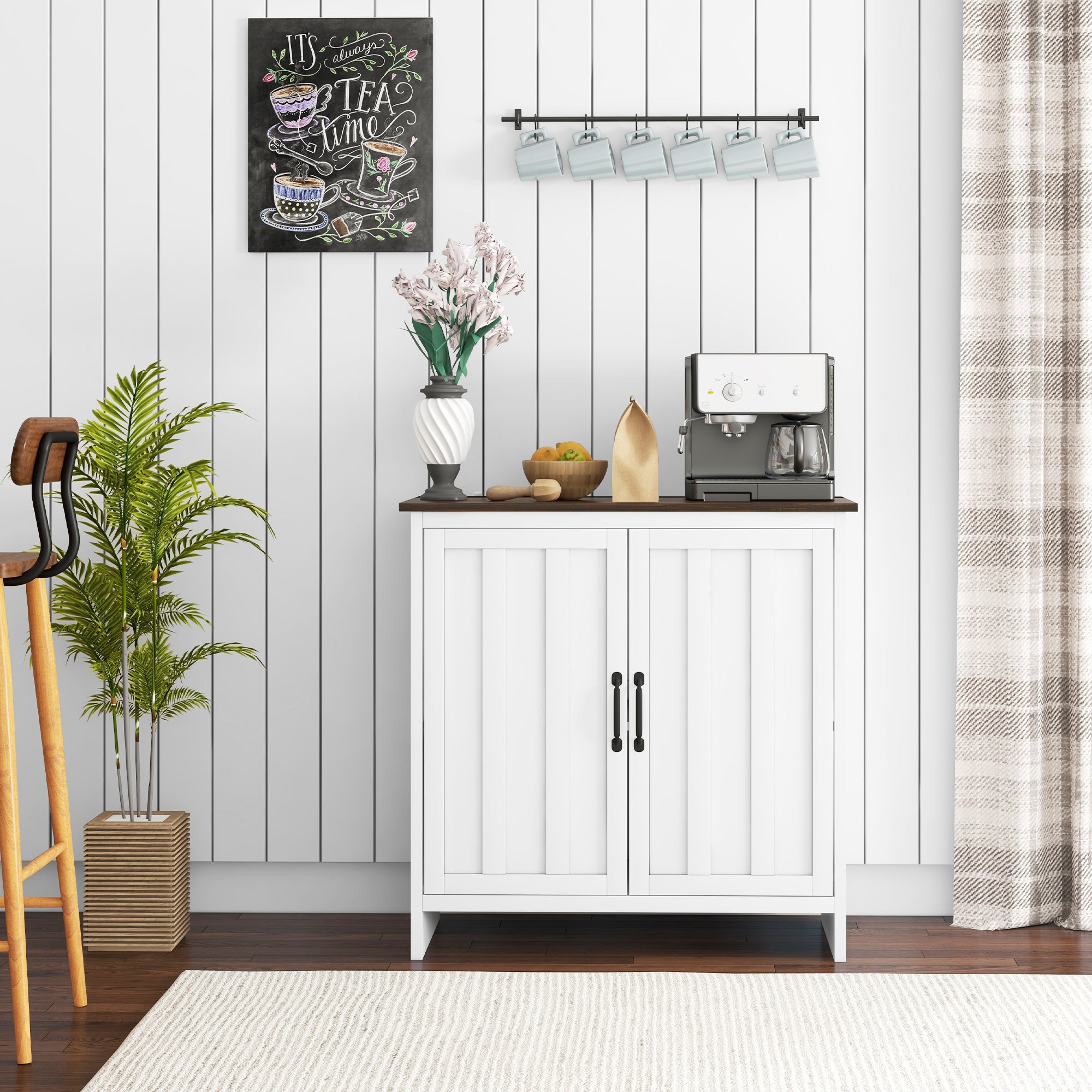 HOMCOM Modern Floor Storage Cabinet, Sideboard Buffet Cabinet with Beadboard Doors and Adjustable Shelf, Accent Cabinet, White