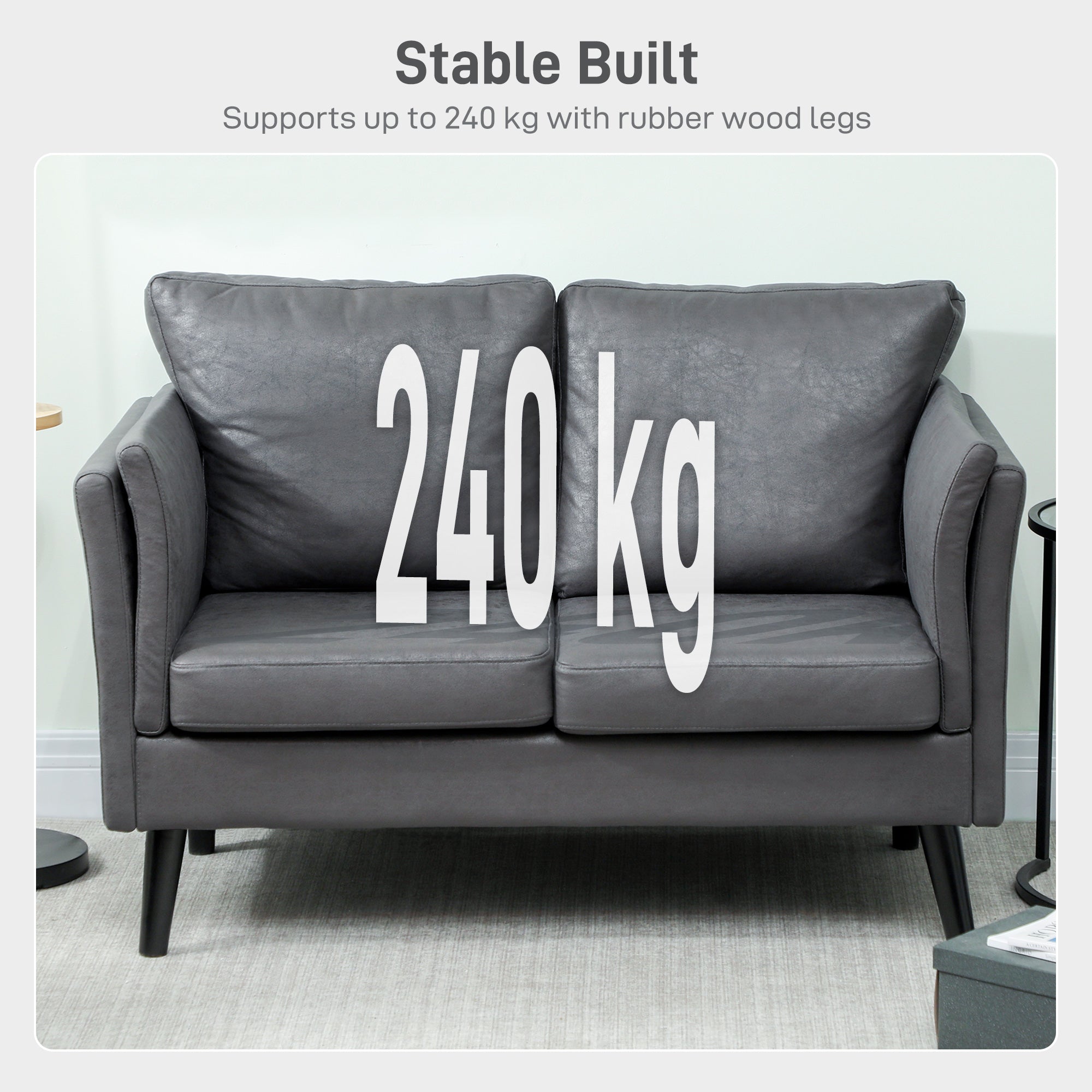 2 Seater Sofa, Modern Small Sofa with Thicken Cushion, High-Resilience Foam, Rubber Wood Legs, Leathaire Upholstered Loveseat Settee for Living Room, Bedroom, Home Office, Grey