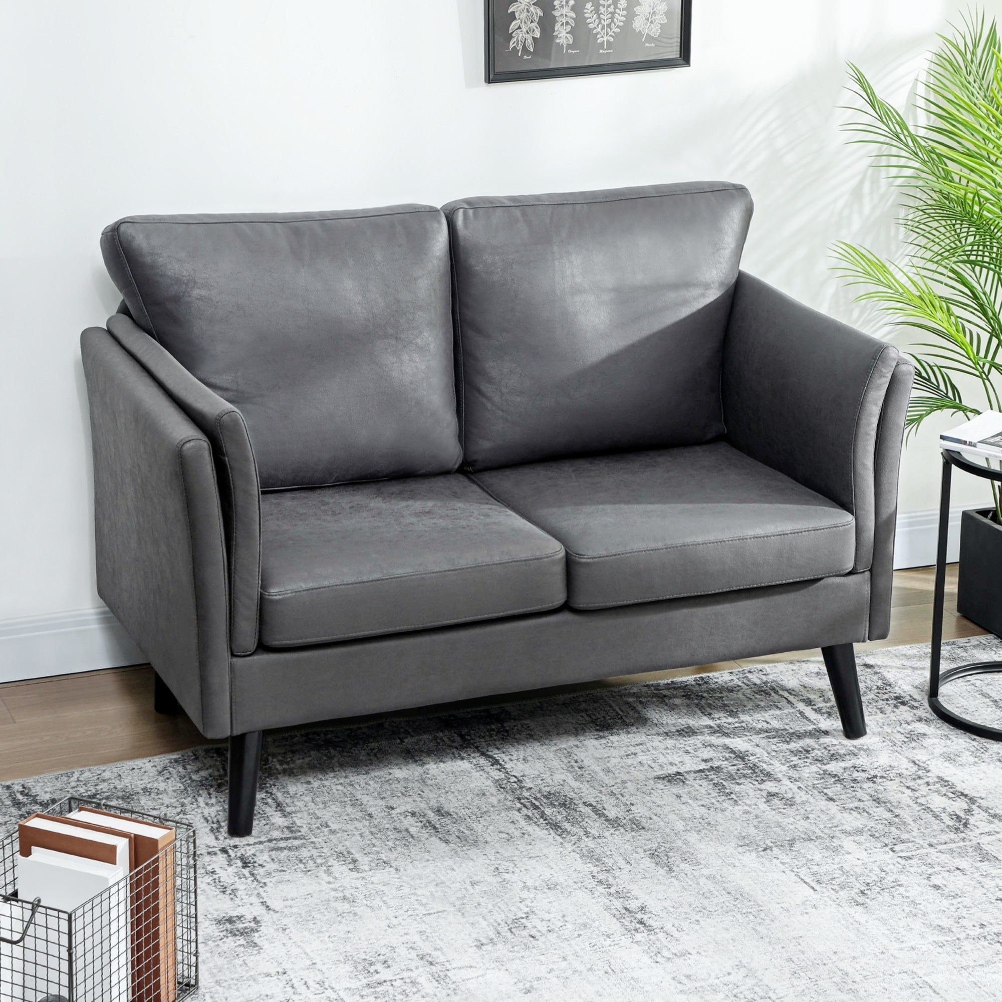2 Seater Sofa, Modern Small Sofa with Thicken Cushion, High-Resilience Foam, Rubber Wood Legs, Leathaire Upholstered Loveseat Settee for Living Room, Bedroom, Home Office, Grey