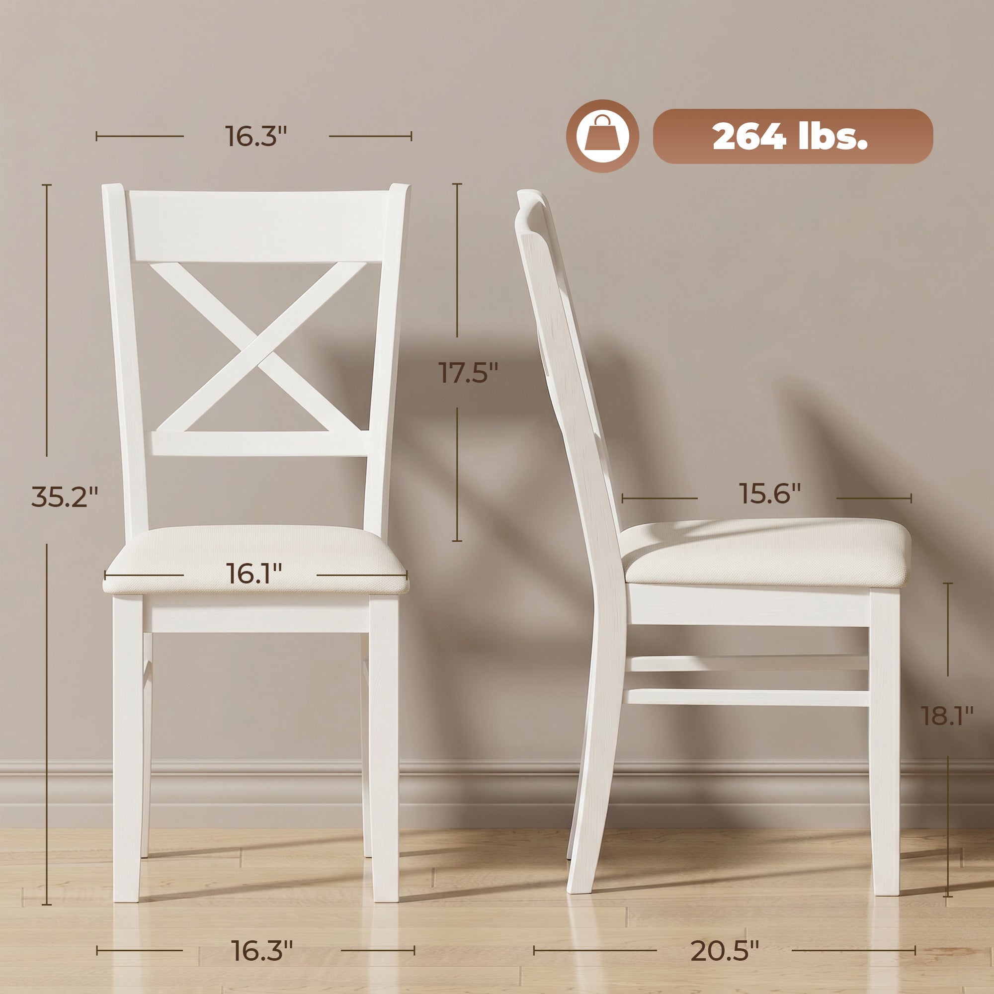 Dining Chairs Set of 2, Upholstered Kitchen Chairs with Rubberwood Frame, Padded Seat and X-Back for Living Room, Dining Room, Kitchen, White