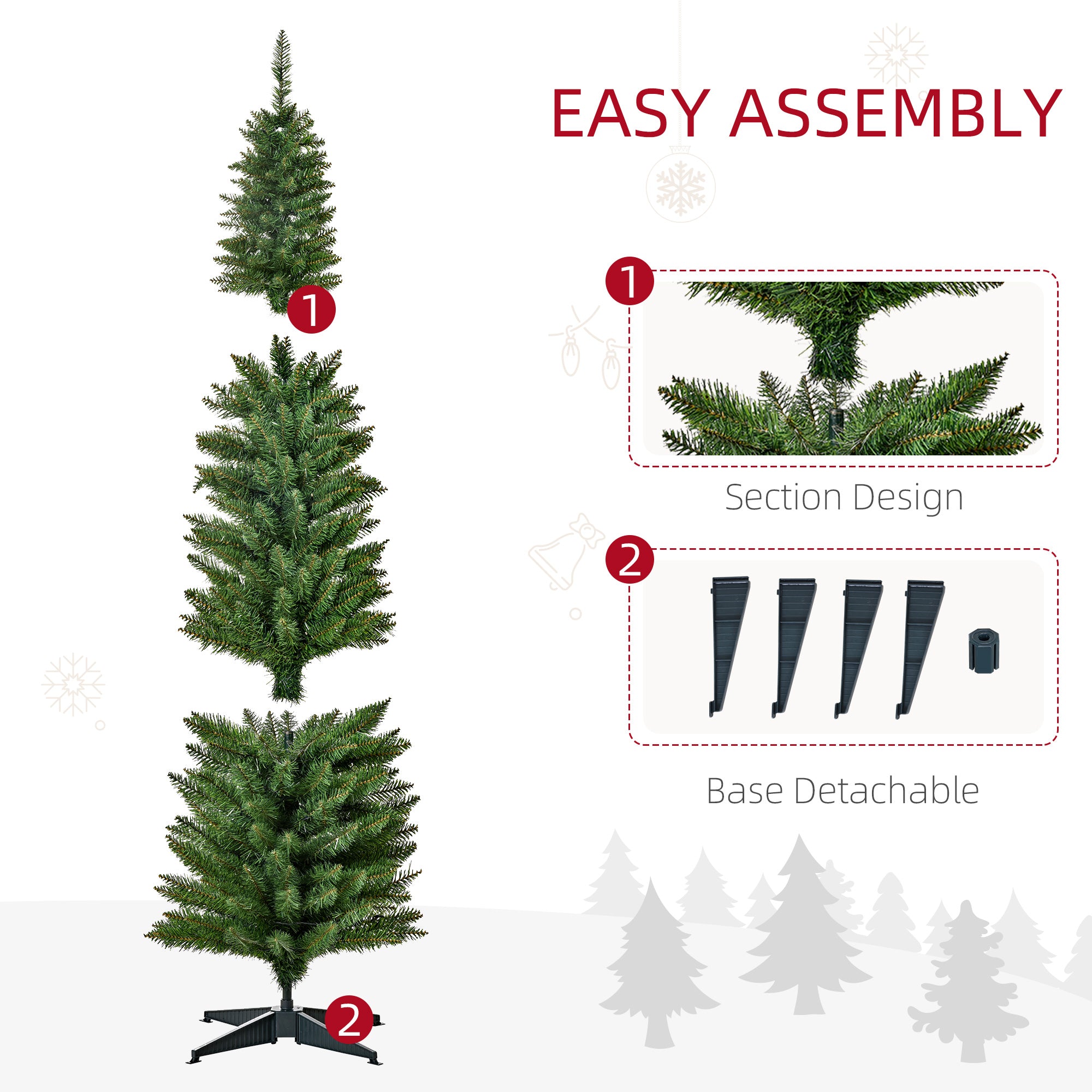 HOMCOM 6ft Pre-Lit Noble Fir Slim Artificial Christmas Tree with 390 Branch Tips and 200 LED Lights, Green