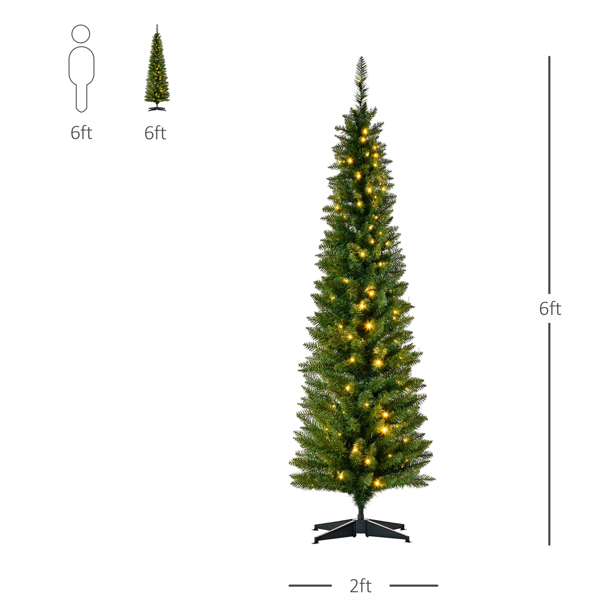 HOMCOM 6ft Pre-Lit Noble Fir Slim Artificial Christmas Tree with 390 Branch Tips and 200 LED Lights, Green