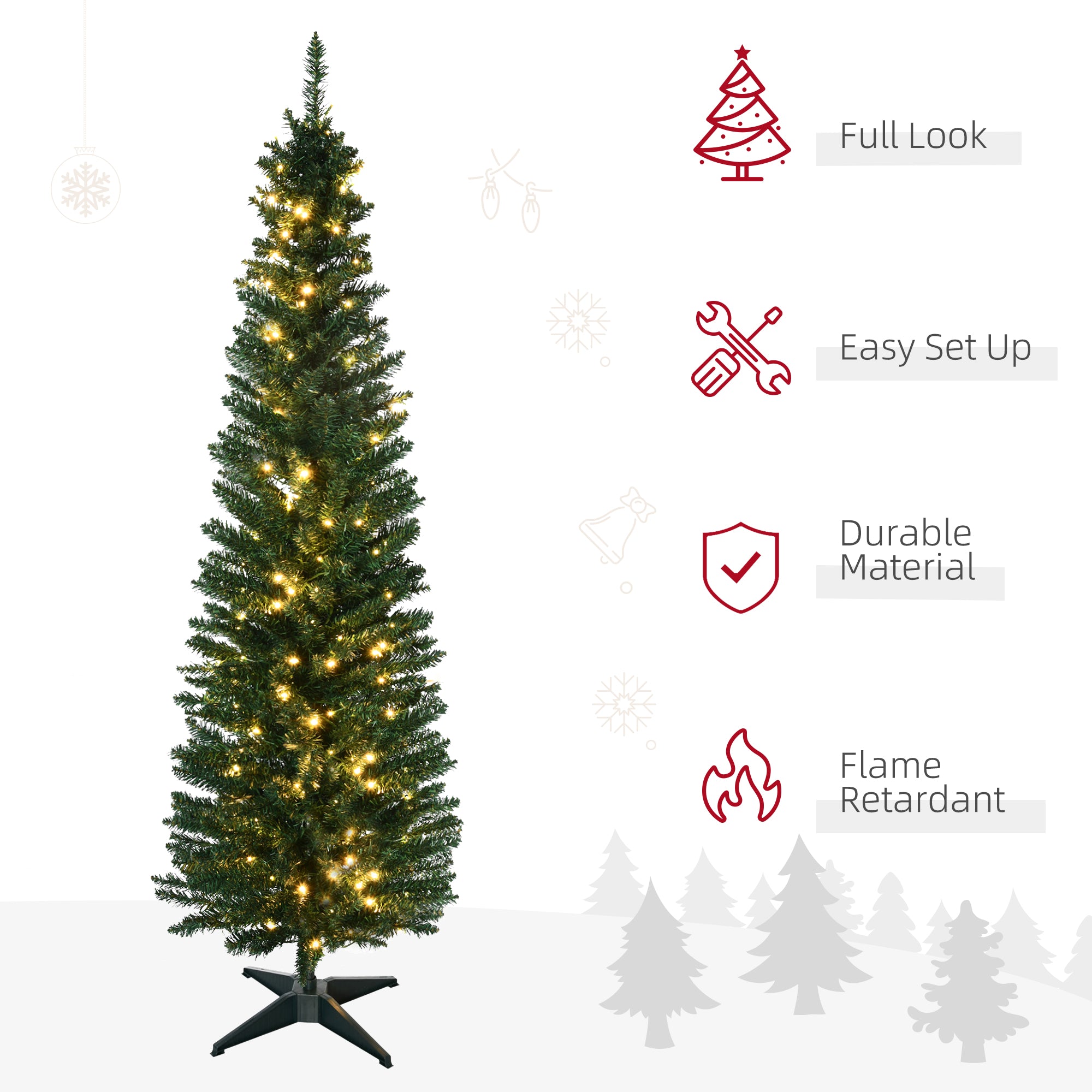 HOMCOM 6ft Pre-Lit Noble Fir Slim Artificial Christmas Tree with 390 Branch Tips and 200 LED Lights, Green