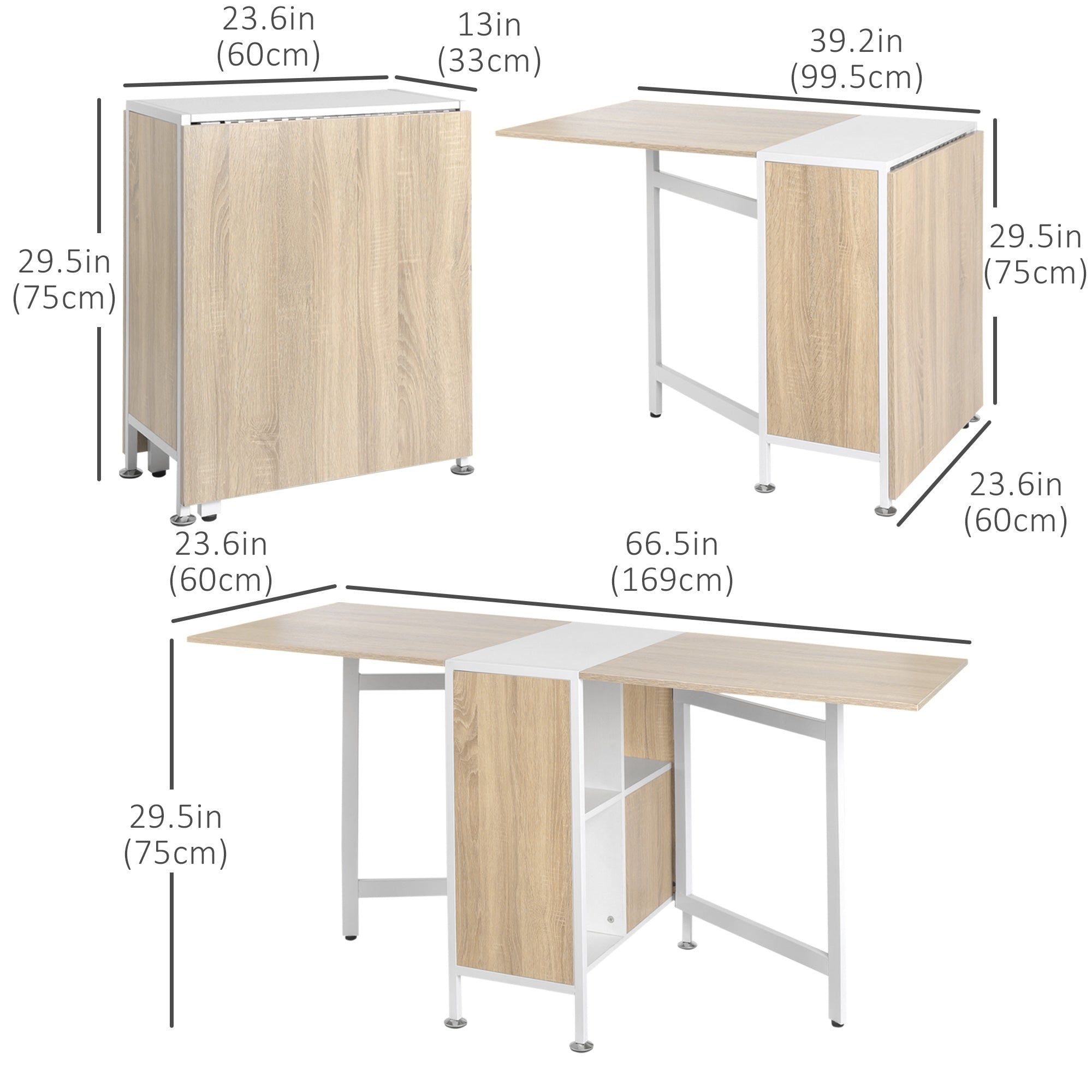 HOMCOM Folding Dining Table Multi-use Drop Leaf Table with Storage Shelves Space Saving Design Oak