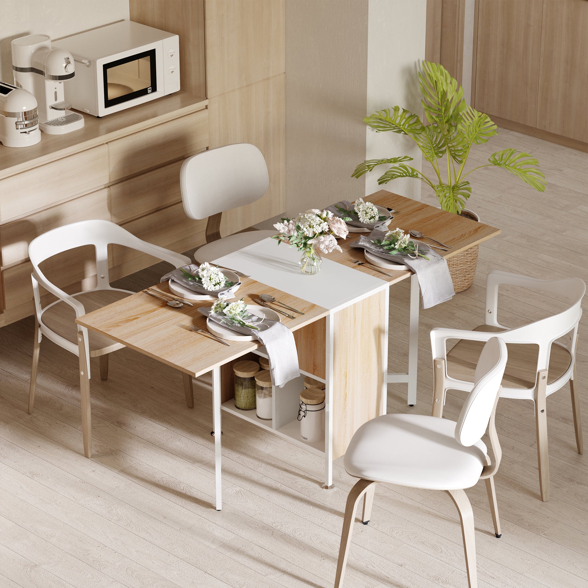 HOMCOM Folding Dining Table Multi-use Drop Leaf Table with Storage Shelves Space Saving Design Oak