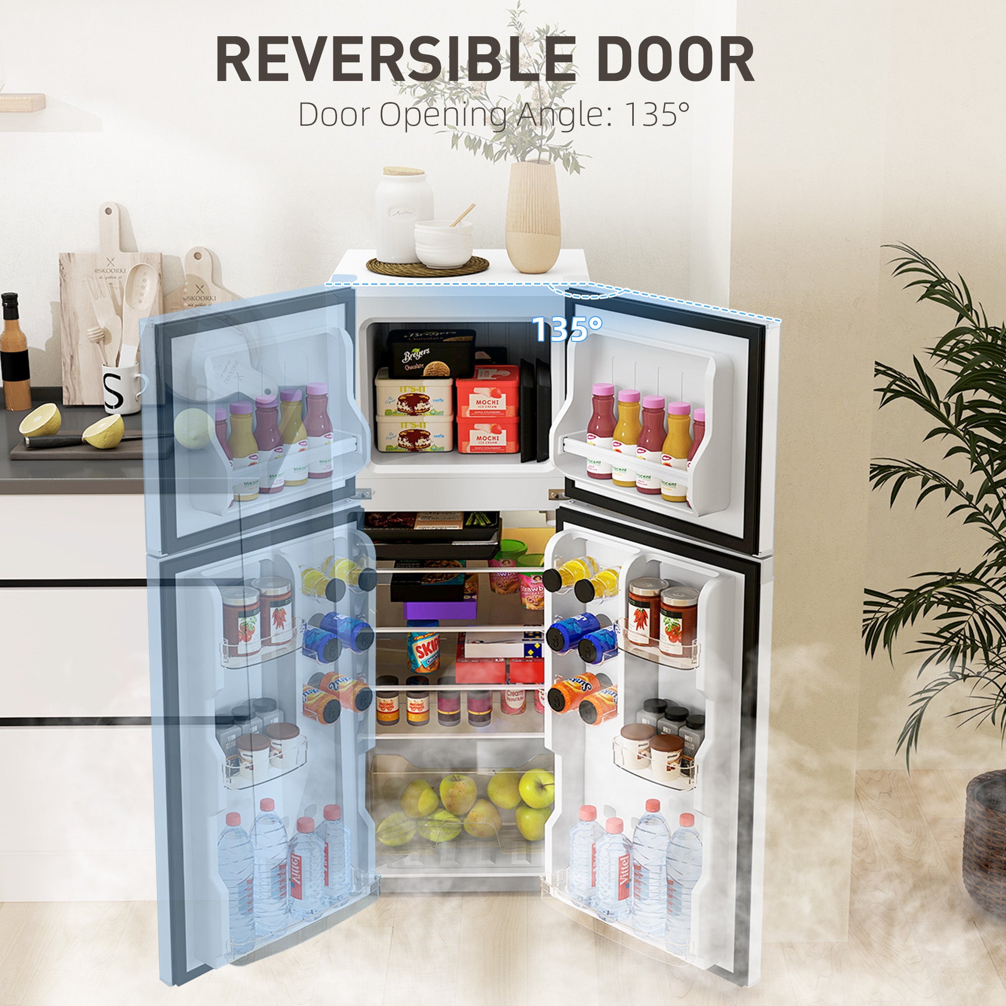 HOMCOM Small Fridge with Freezer, 4 Cu. Ft. Compact Refrigerator with Adjustable Shelves, Mechanical Thermostat, Reversible Double Doors for Bedroom, Dorm, Kitchen, White