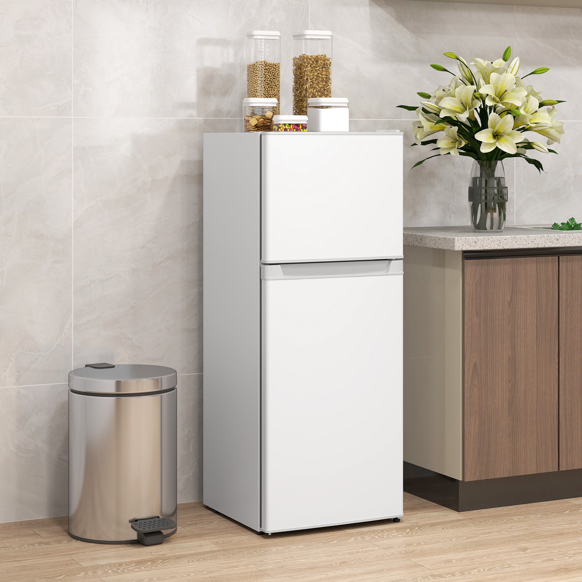 HOMCOM Small Fridge with Freezer, 4 Cu. Ft. Compact Refrigerator with Adjustable Shelves, Mechanical Thermostat, Reversible Double Doors for Bedroom, Dorm, Kitchen, White