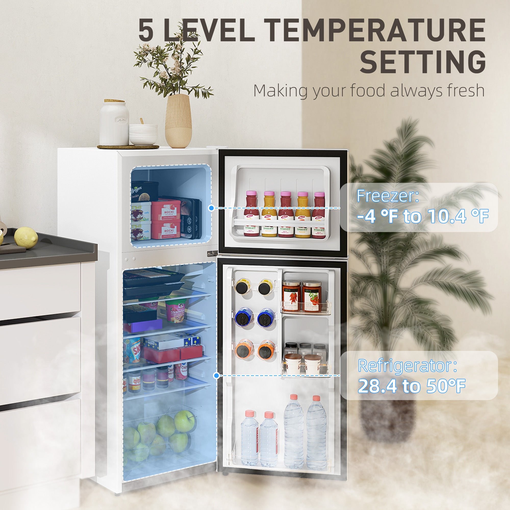HOMCOM Small Fridge with Freezer, 4 Cu. Ft. Compact Refrigerator with Adjustable Shelves, Mechanical Thermostat, Reversible Double Doors for Bedroom, Dorm, Kitchen, White