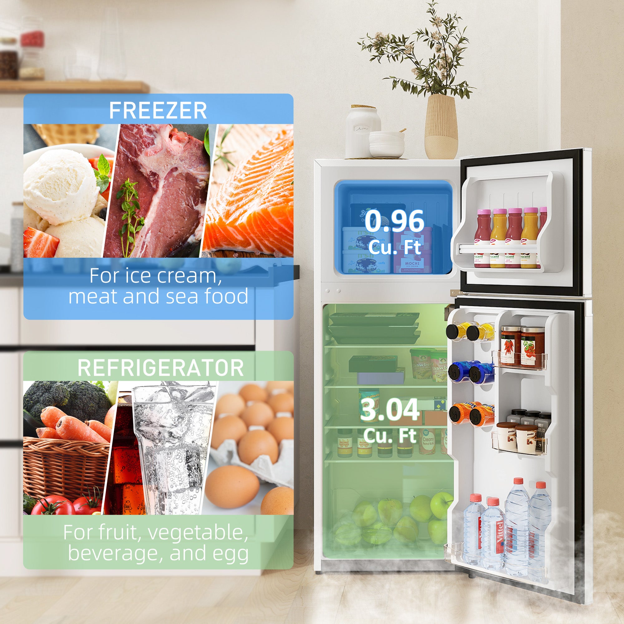 HOMCOM Small Fridge with Freezer, 4 Cu. Ft. Compact Refrigerator with Adjustable Shelves, Mechanical Thermostat, Reversible Double Doors for Bedroom, Dorm, Kitchen, White